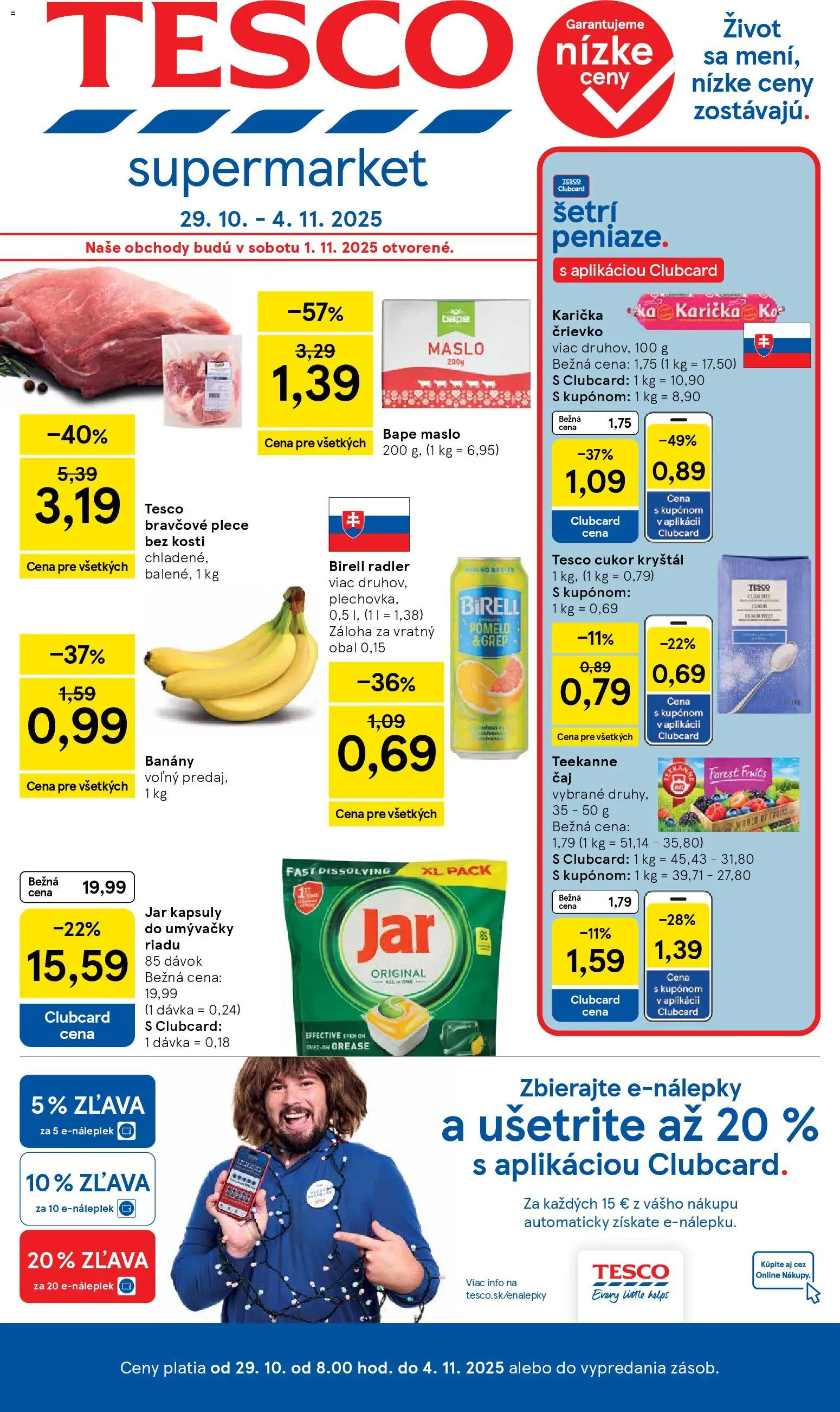 Nové Tesco akcie – leták je platný od 29.10.2025 | Strana: 1 | Produkty: Maslo, Čaj, Kapsuly do umývačky riadu, Pomelo