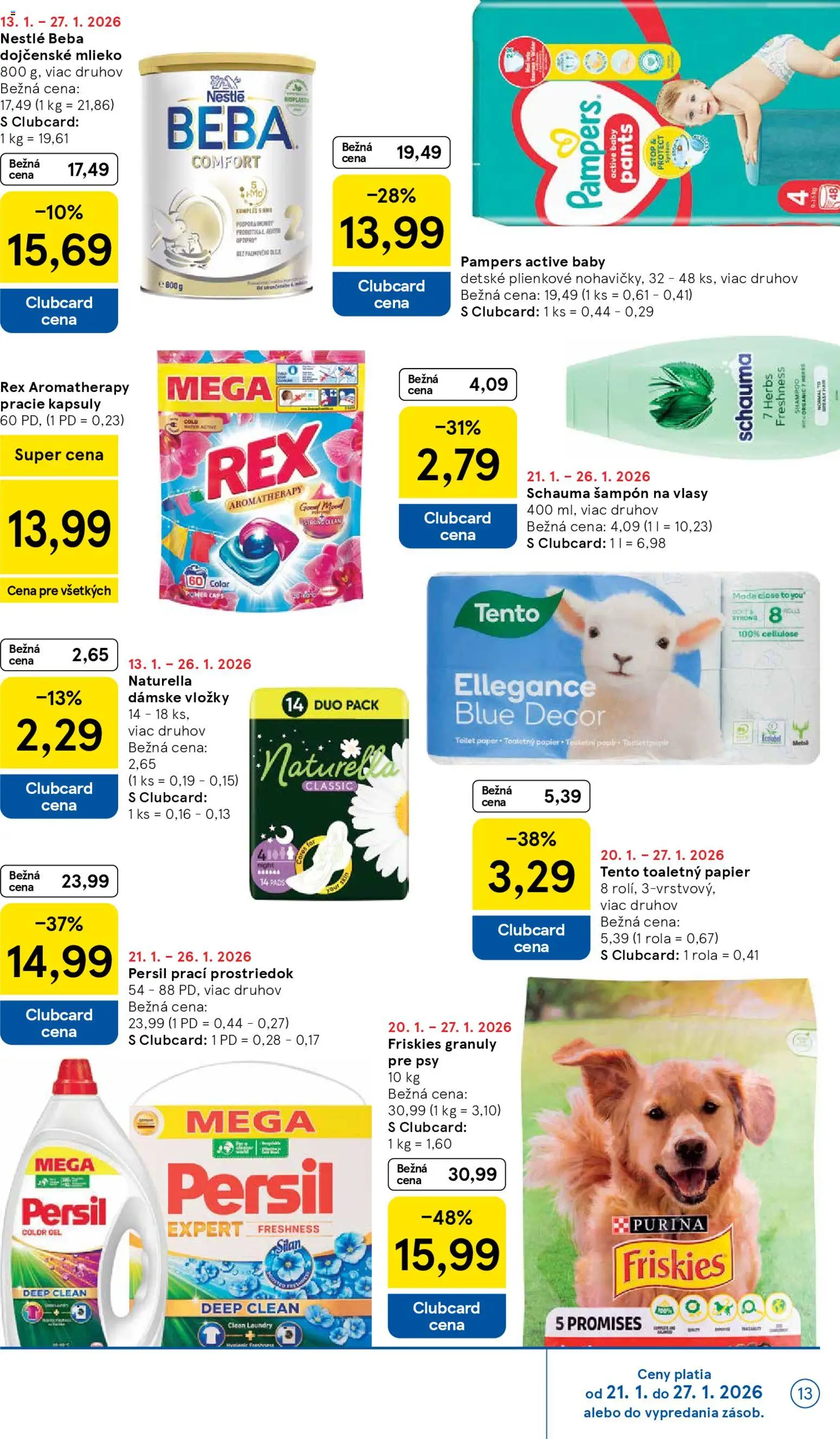 Nové Tesco akcie – leták je platný od 21.01.2026 | Strana: 13 | Produkty: Friskies, Persil, Silan, Šampón