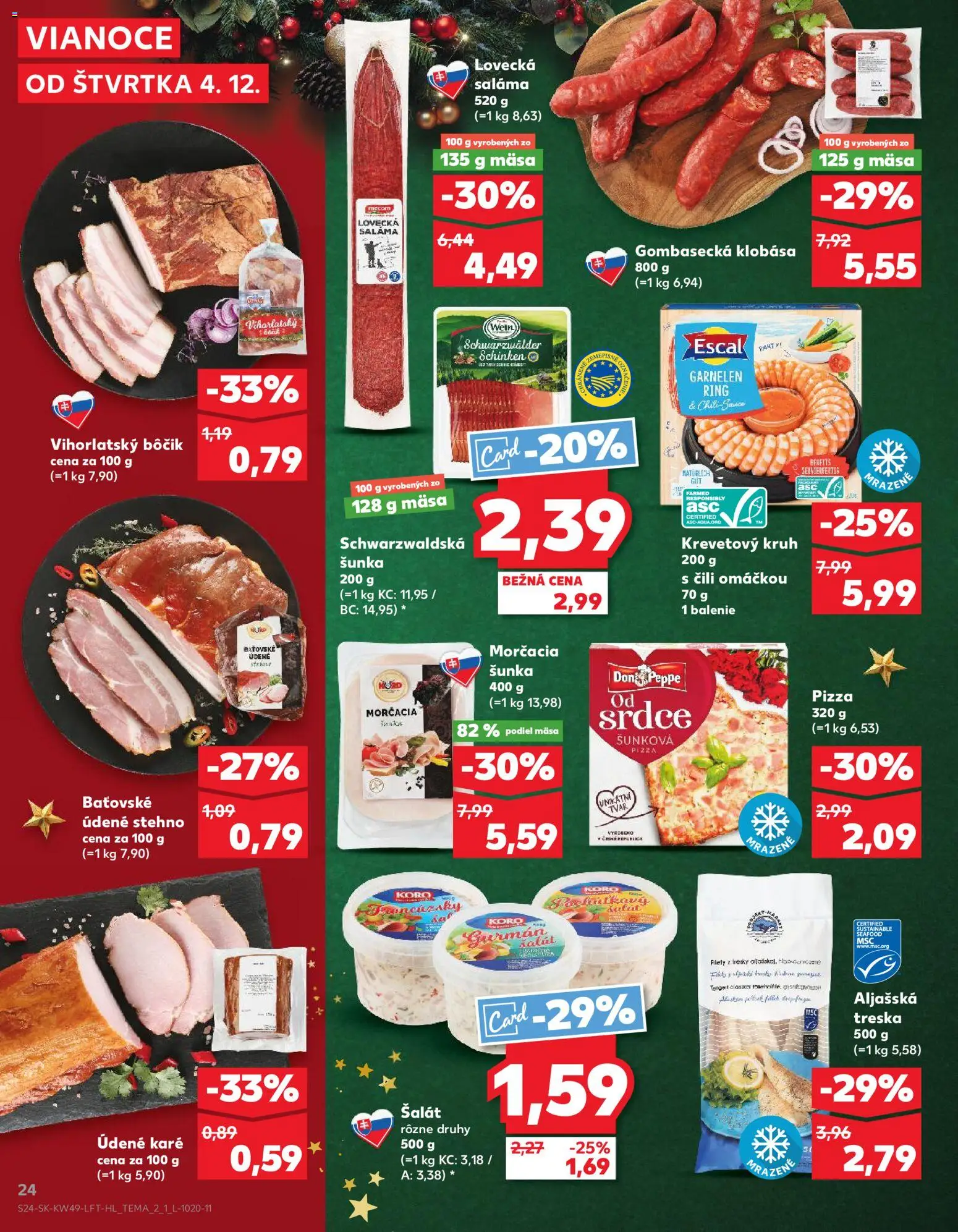 Nové Kaufland akcie – leták je platný od 04.12.2025 | Strana: 24 | Produkty: Saláma, Šunka, Šalát, Treska