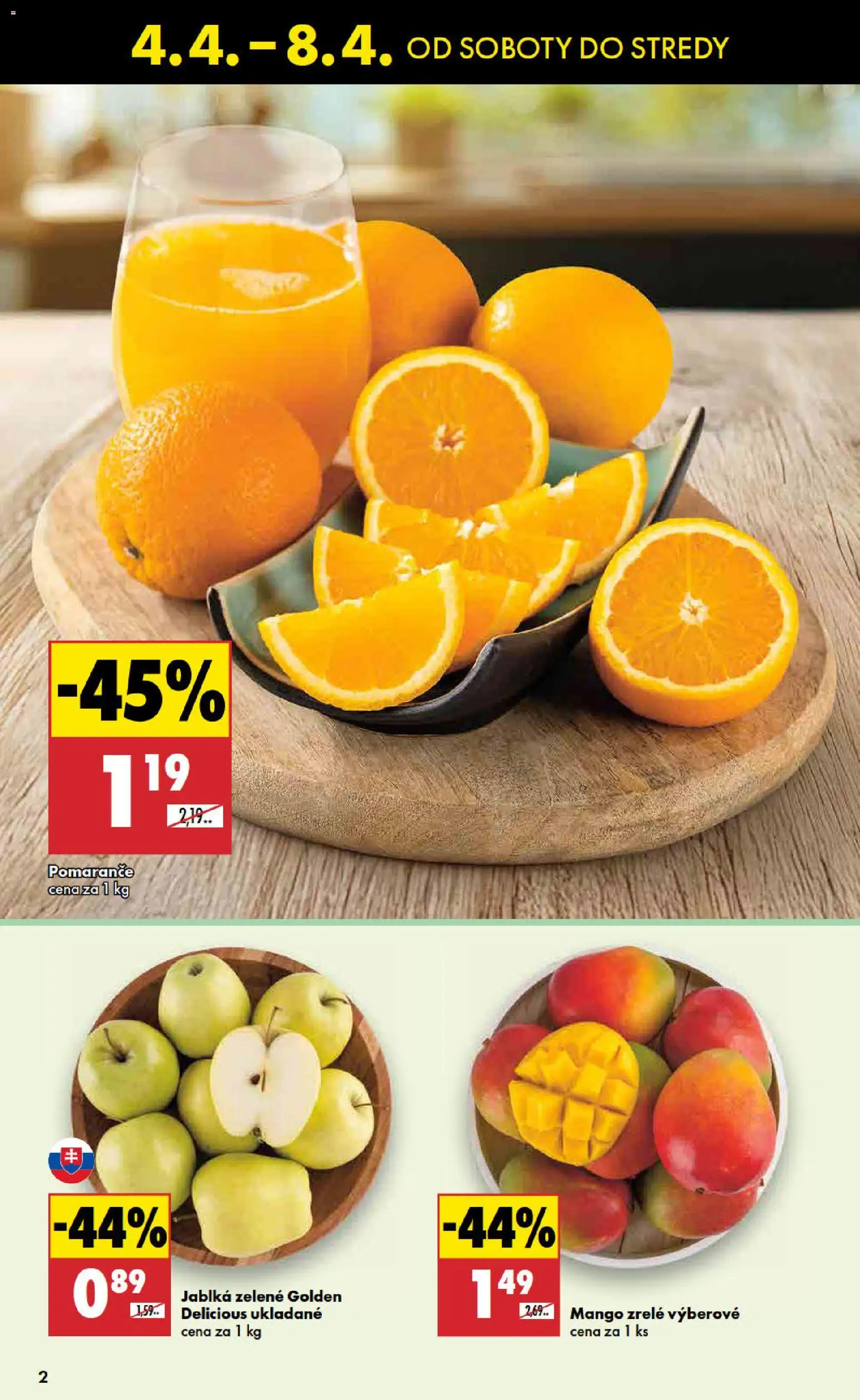 Nové Biedronka akcie – leták je platný od 04.04.2026 | Strana: 2 | Produkty: Jablká, Pomaranče, Mango