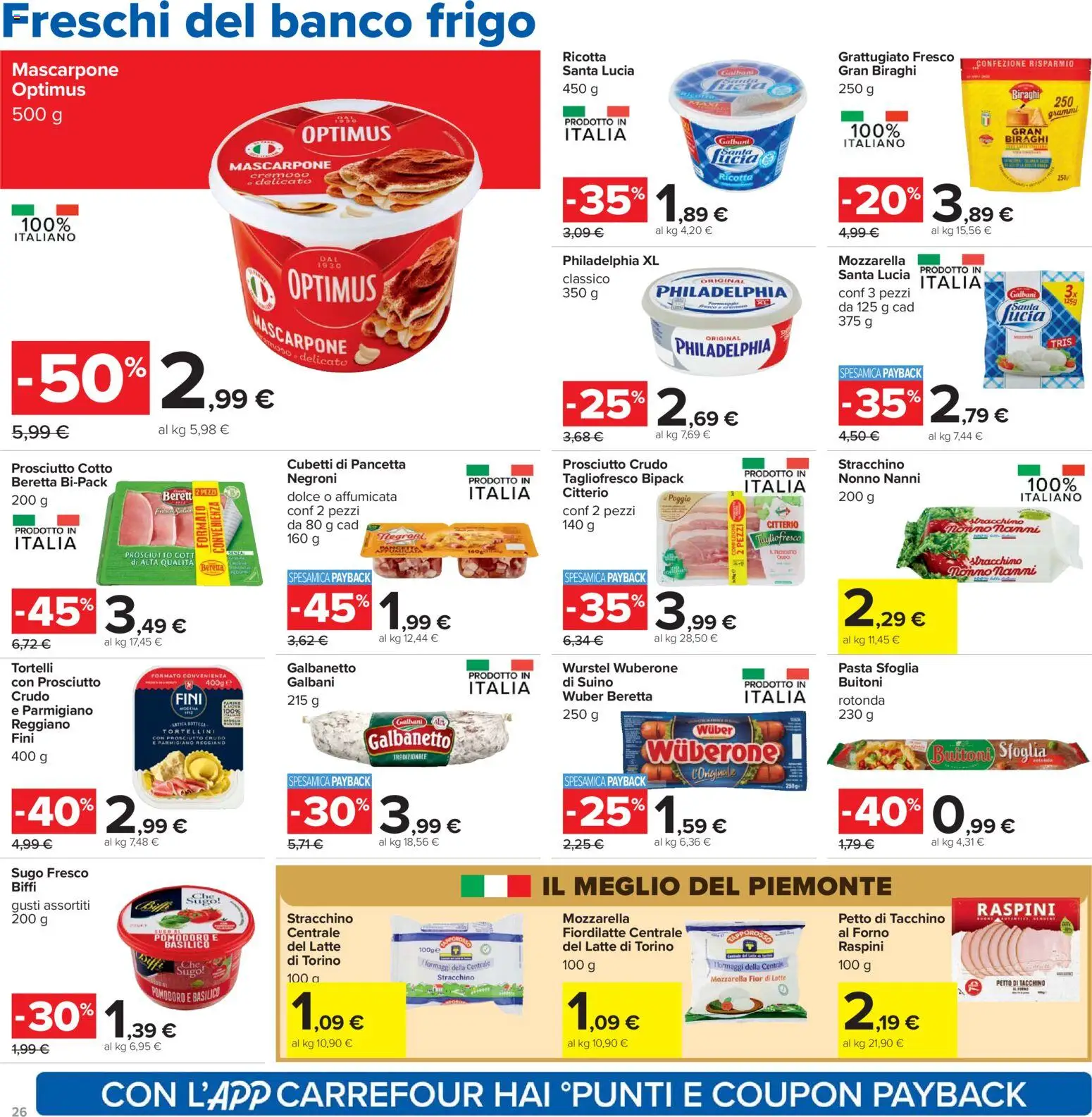 Volantino Carrefour del 24.03.2026 | Pagina: 26 | Prodotti: Pomodoro, Latte, Prosciutto, Ricotta