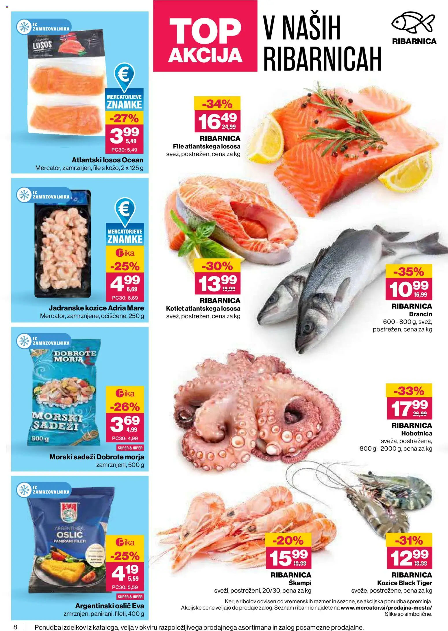 Novi Mercator katalog ponudbe – veljaven od 19.02.2026 | Stran: 8 | Izdelki: Oslič, Kozice, Hobotnica, Losos