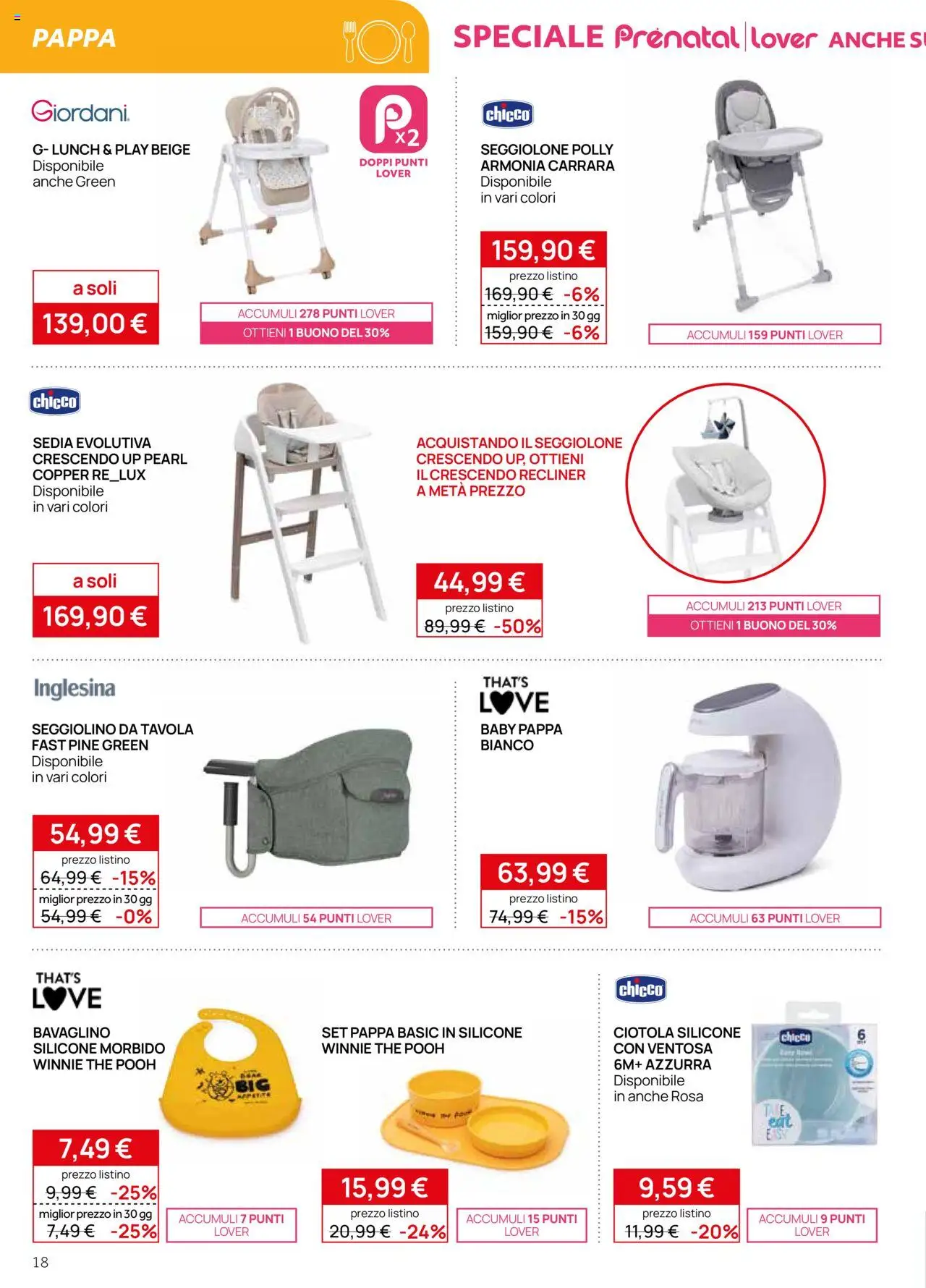 Volantino Prenatal del 09.10.2025 | Pagina: 18 | Prodotti: Seggiolino, Silicone, Sedia, Ciotola