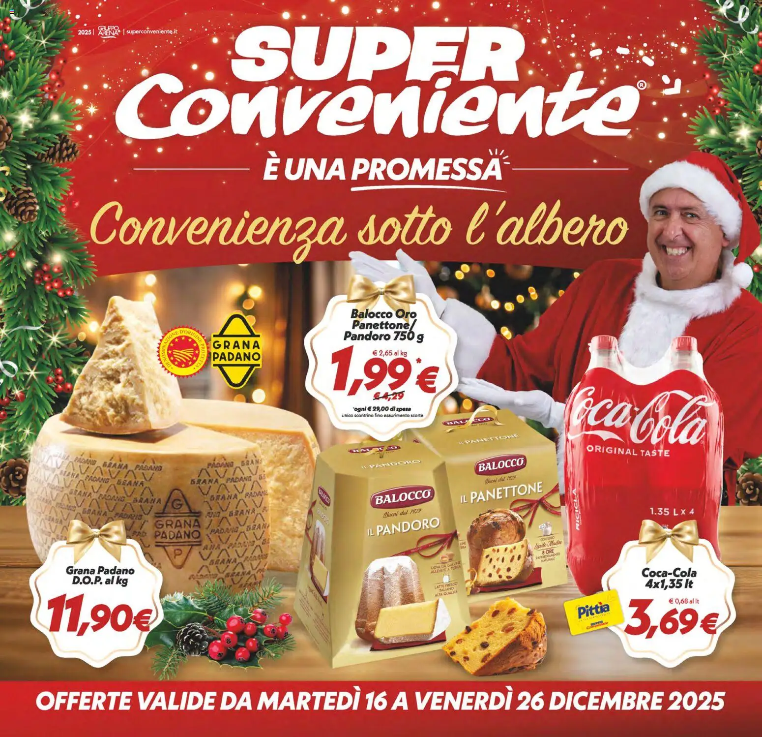 Volantino SuperConveniente del 16.12.2025 | Pagina: 1 | Prodotti: Pandoro, Grana Padano, Coca Cola, Terra