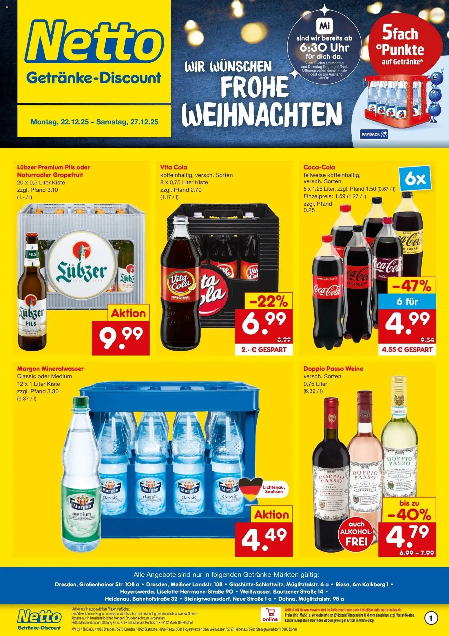 Netto Marken-Discount prospekt Riesa	 – gültig ab 22.12.2025 | Seite: 1 | Produkte: Mineralwasser, Grapefruit, Vita cola, Uhr