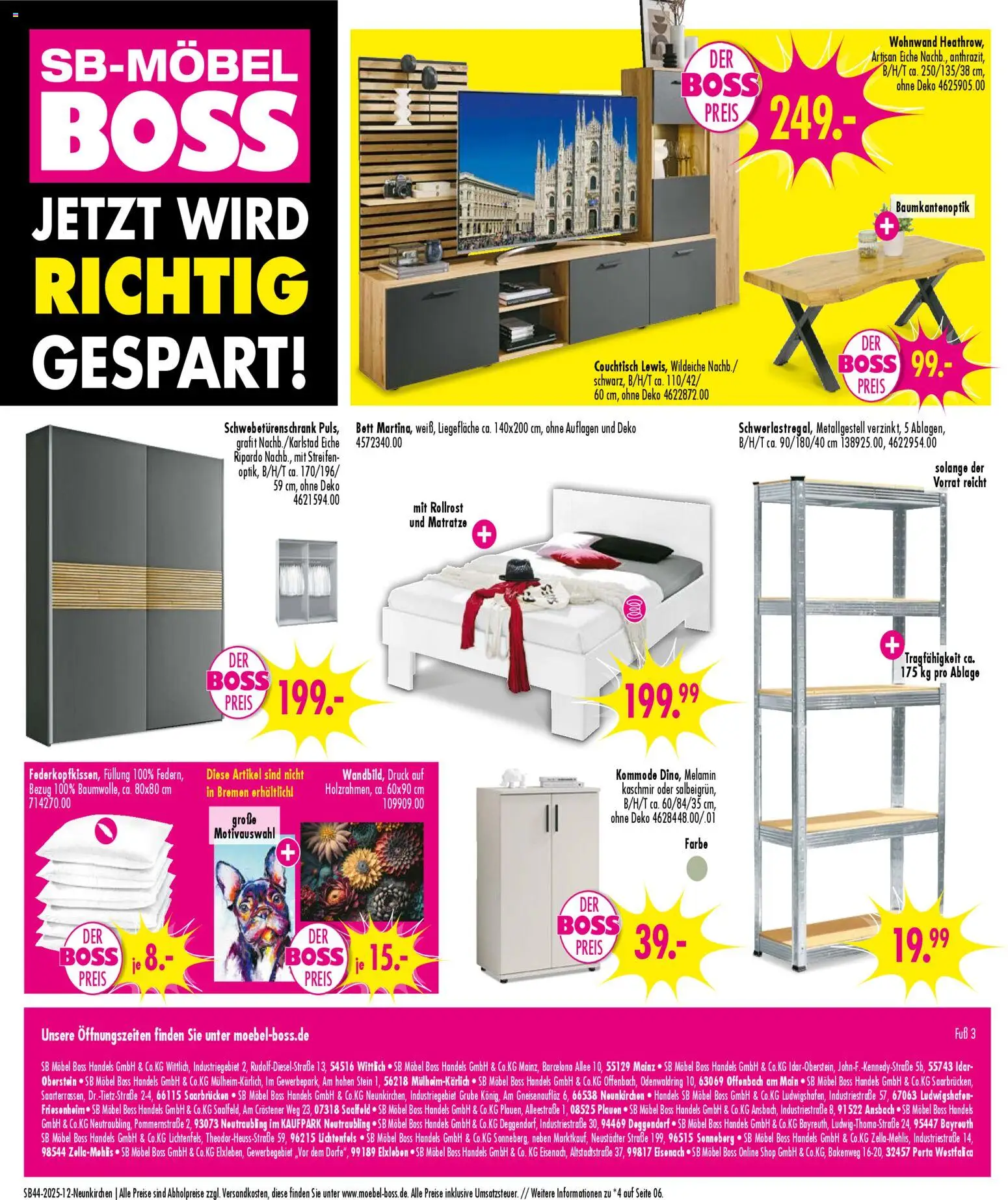 SB Möbel Boss Prospekt - Neunkirchen 	 – gültig ab 25.10.2025 | Seite: 12 | Produkte: Wohnwand, Bett, Kommode, Schwebetürenschrank