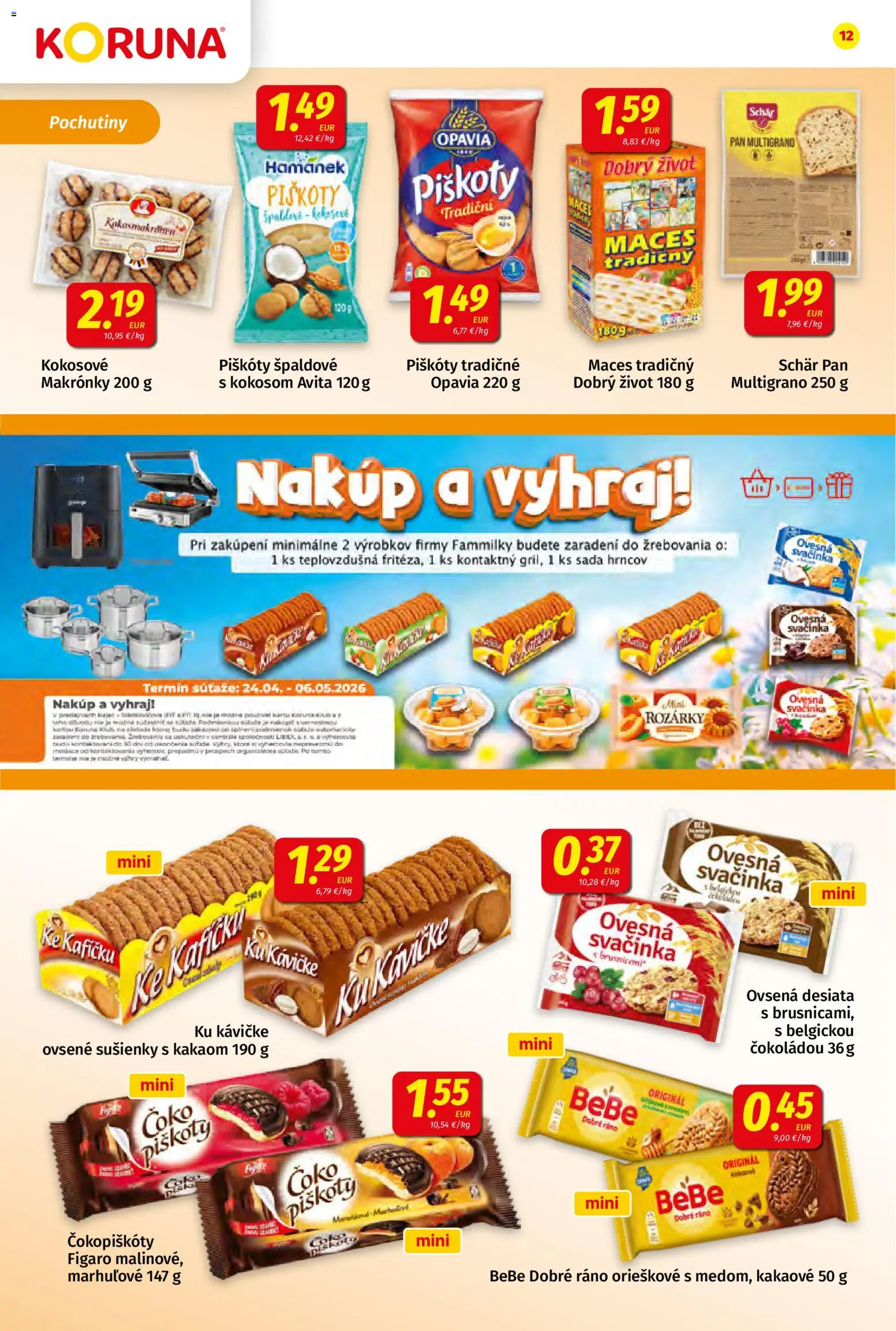 Nové Koruna akcie – leták je platný od 24.04.2026 | Strana: 12 | Produkty: BeBe Dobré ráno, Sada hrncov, Makronky
