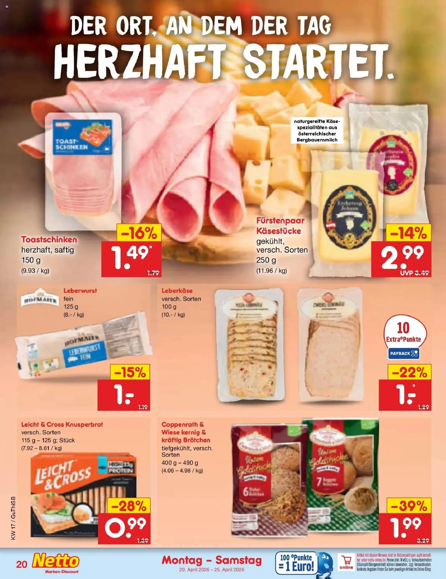 Netto Marken-Discount Prospekt Machern	 – gültig ab 20.04.2026 | Seite: 22 | Produkte: Käse, Toastschinken, Leberkase