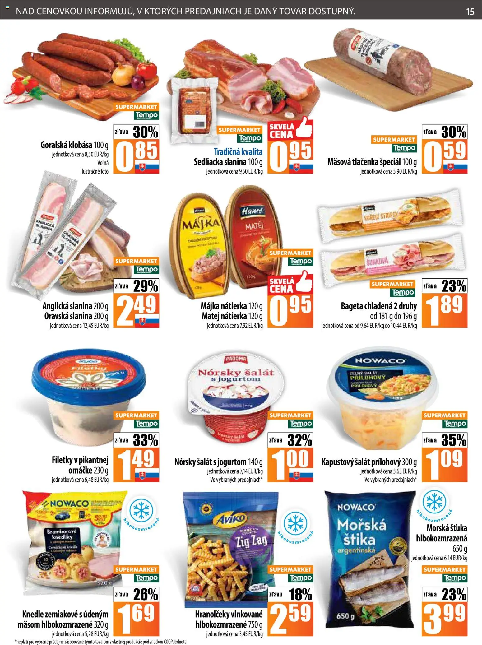 Nové COOP Jednota akcie – leták je platný od 23.10.2025 | Strana: 15 | Produkty: Slanina, Klobása, Šalát