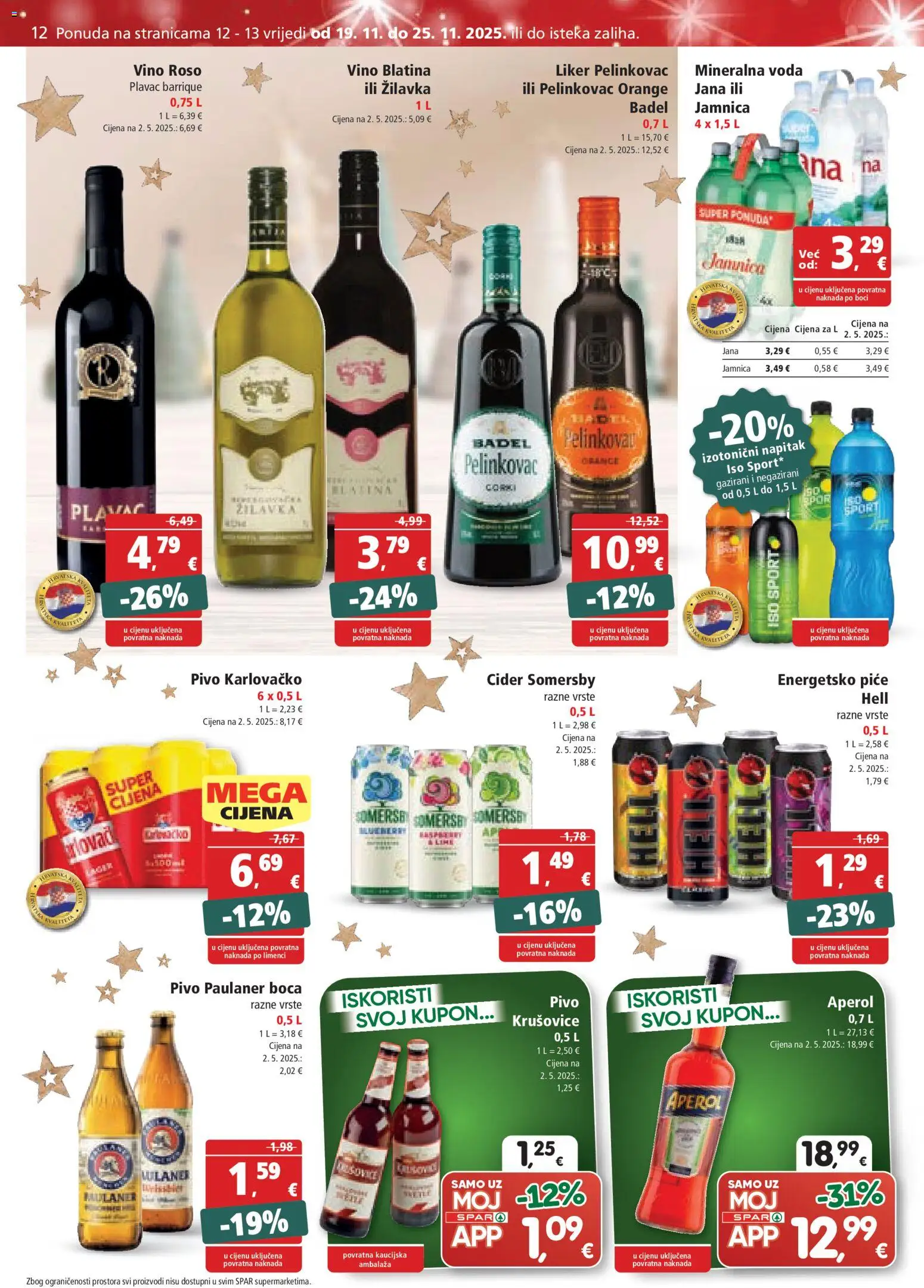Spar katalog | vrijedi od 19.11.2025 | Stranica: 12 | Proizvodi: Aperol, Jamnica, Voda, Liker