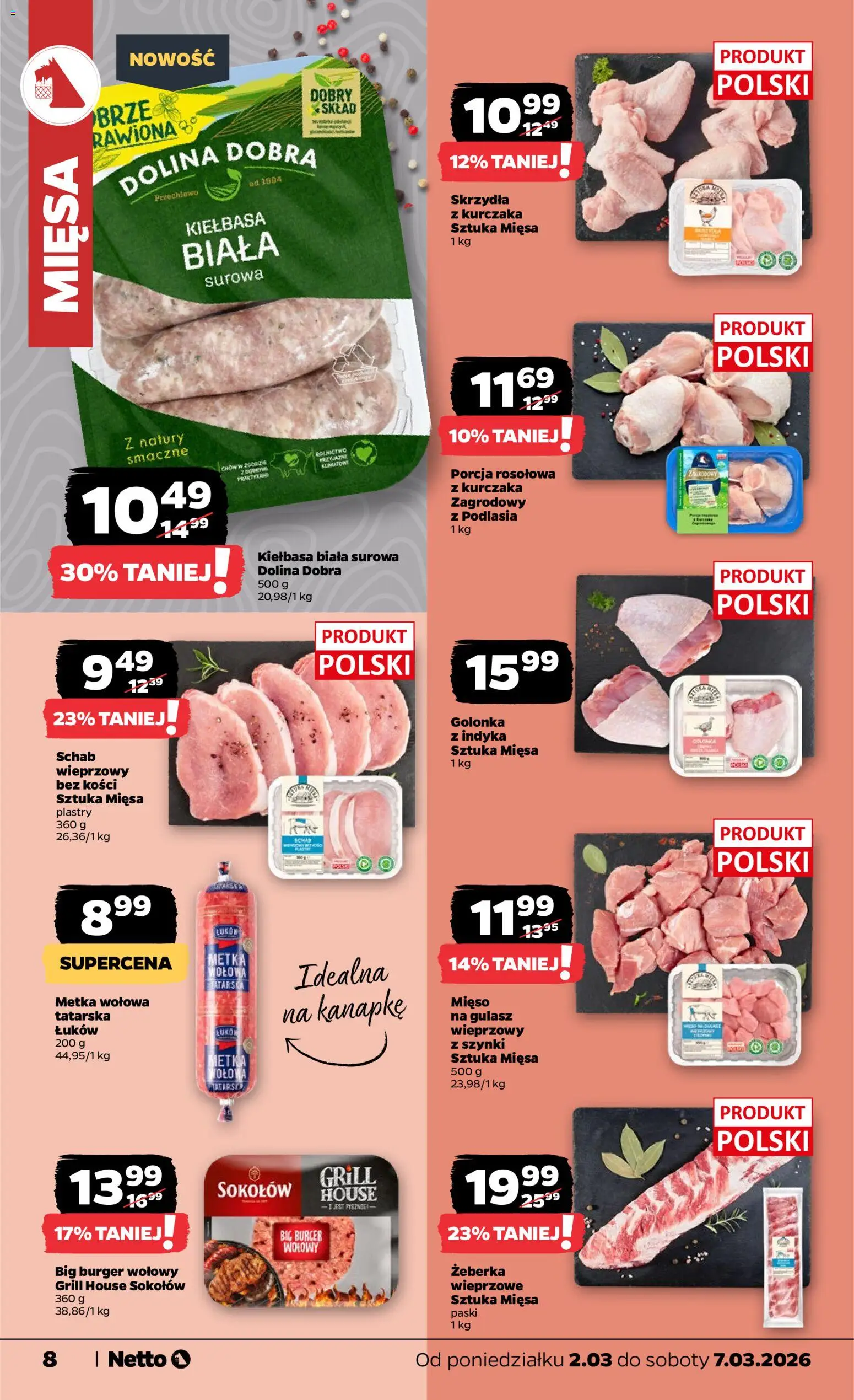 Netto gazetka od poniedziałku spożywcza od 02.03.2026 | Strona: 8 | Produkty: Burger wołowy, Schab, Mięso, Grill