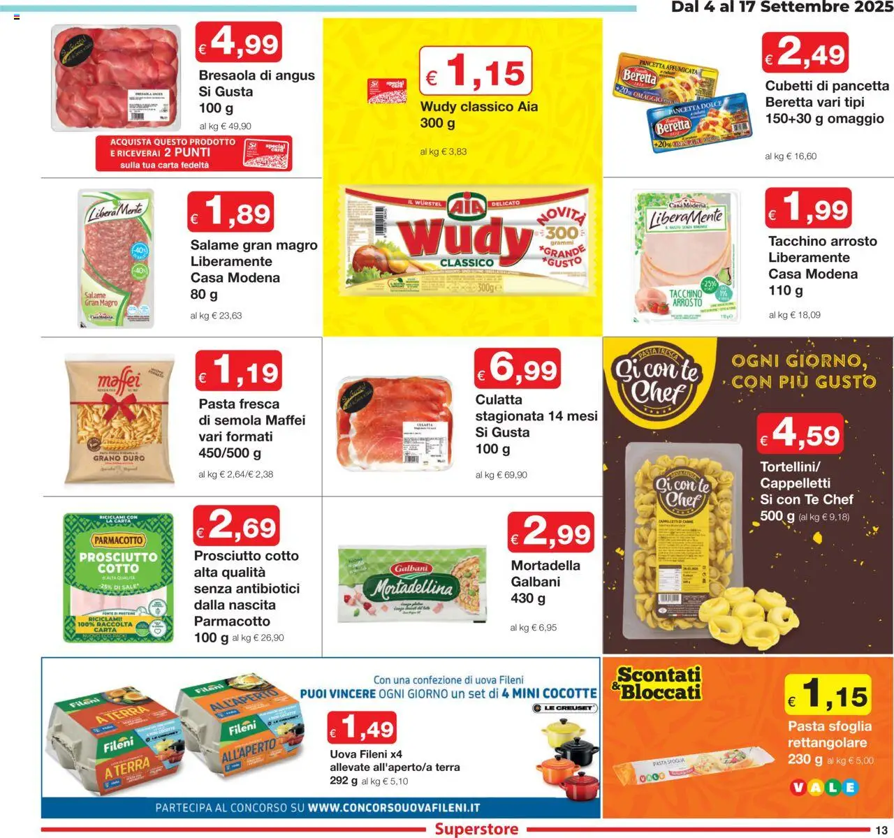 Volantino Sì con Te del 04.09.2025 | Pagina: 13 | Prodotti: Salame, Pasta sfoglia, Sale, Wurstel