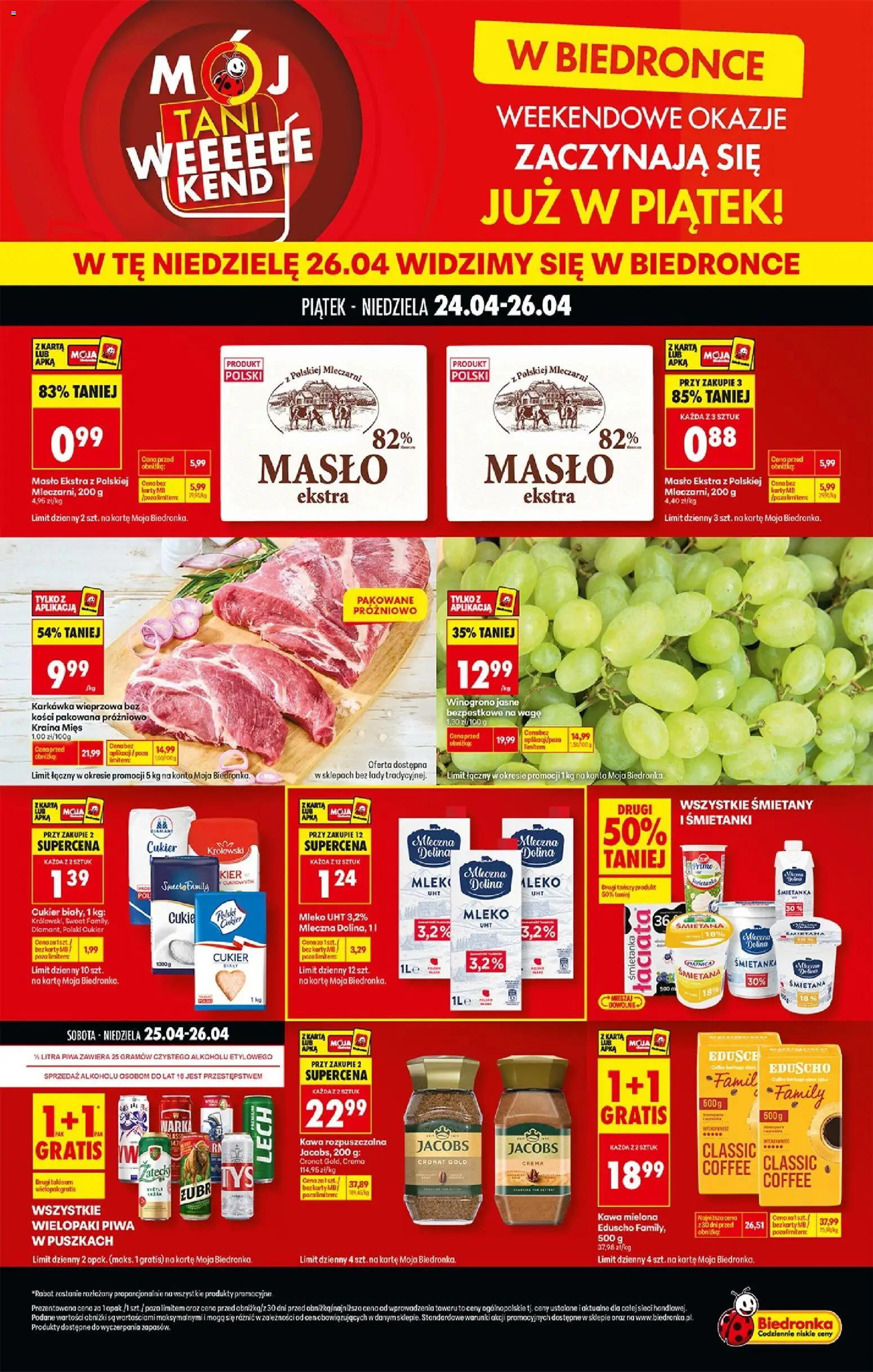 Biedronka gazetka - Tani weekend od 24.04.2026 | Strona: 1 | Produkty: Karkówka, Kraina mięs, Kawa rozpuszczalna, Kawa