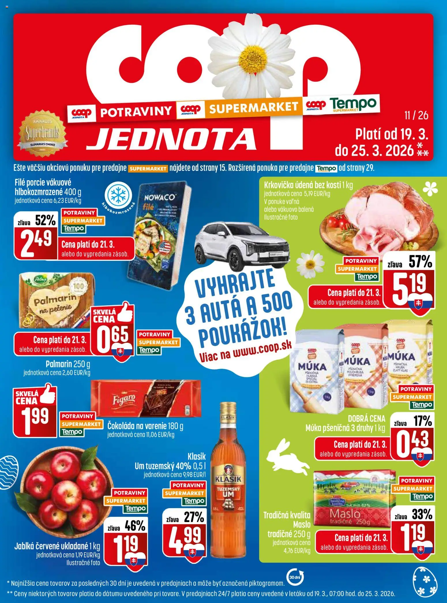Nové COOP Jednota akcie – leták je platný od 19.03.2026 | Strana: 1 | Produkty: Maslo, Jablká, Krkovička, Múka