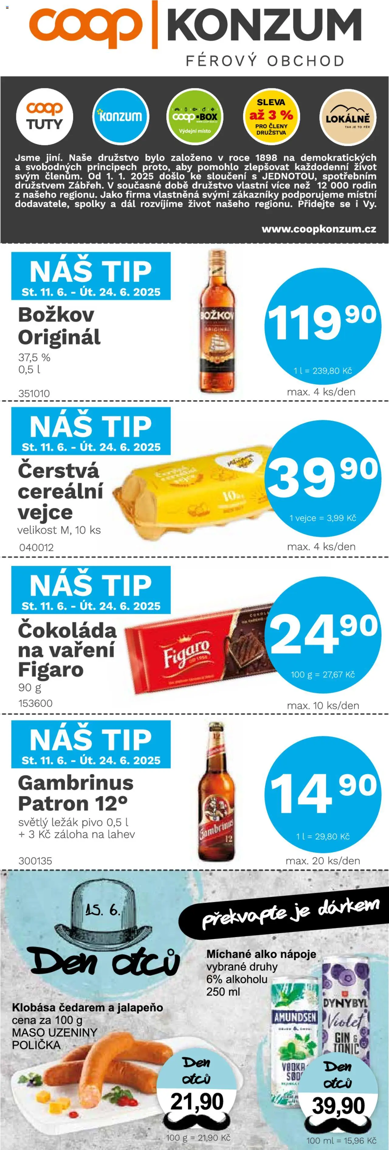 Konzum leták od 11.06.2025 | Strana: 1 | Produkty: Čokoláda, Uzeniny, Maso, Láhev