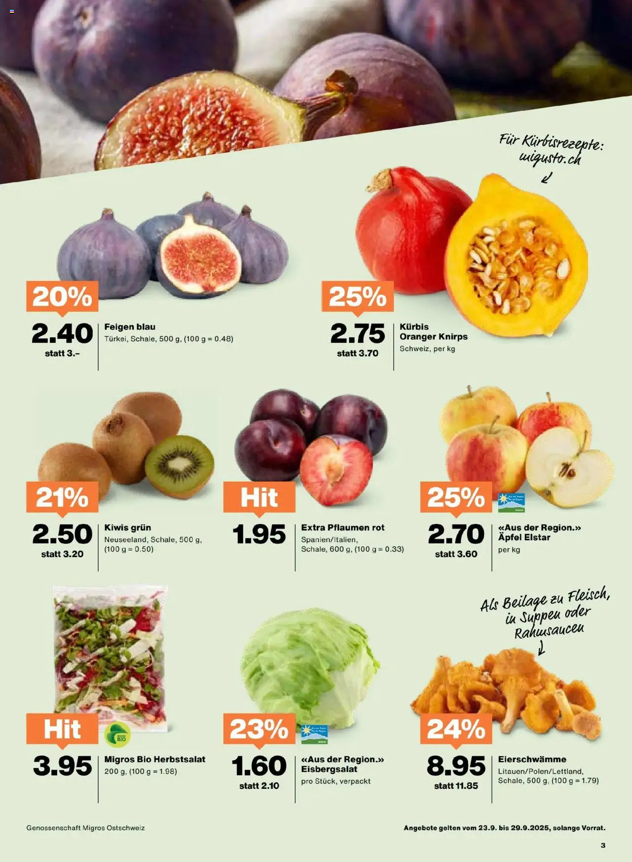 Migros Aktionen – gültig ab 23.09.2025 | Seite: 3 | Produkte: Strunová sekačka, Äpfel, Kiwi, Kürbis