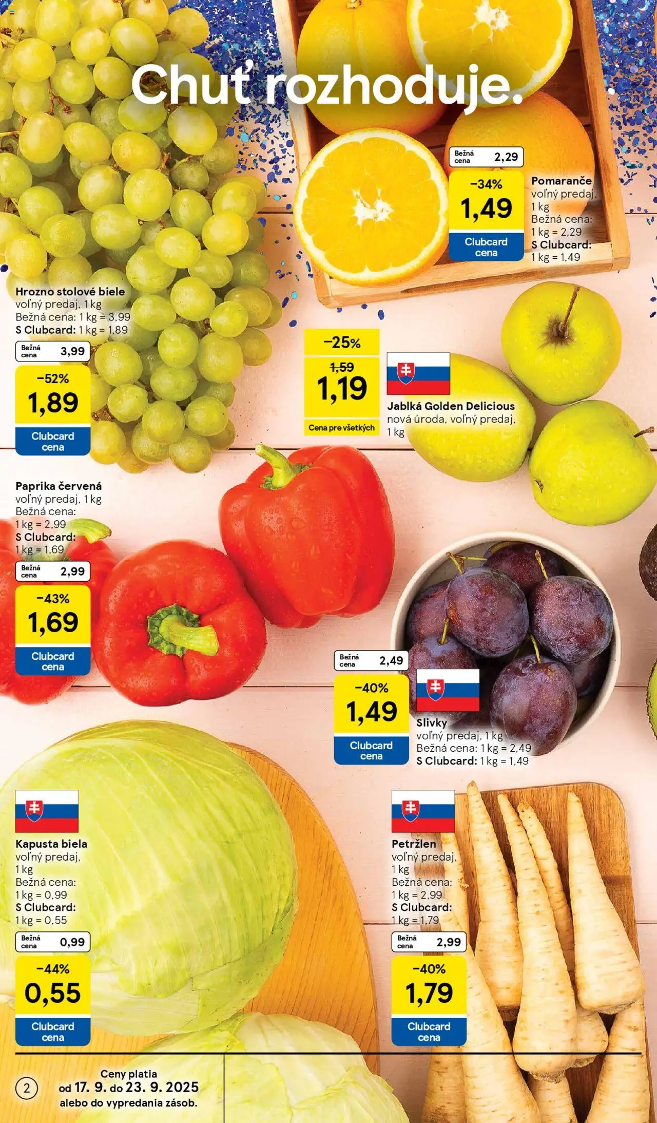 Nové Tesco akcie – leták je platný od 17.09.2025 | Strana: 2 | Produkty: Jablká, Slivky, Petržlen, Hrozno