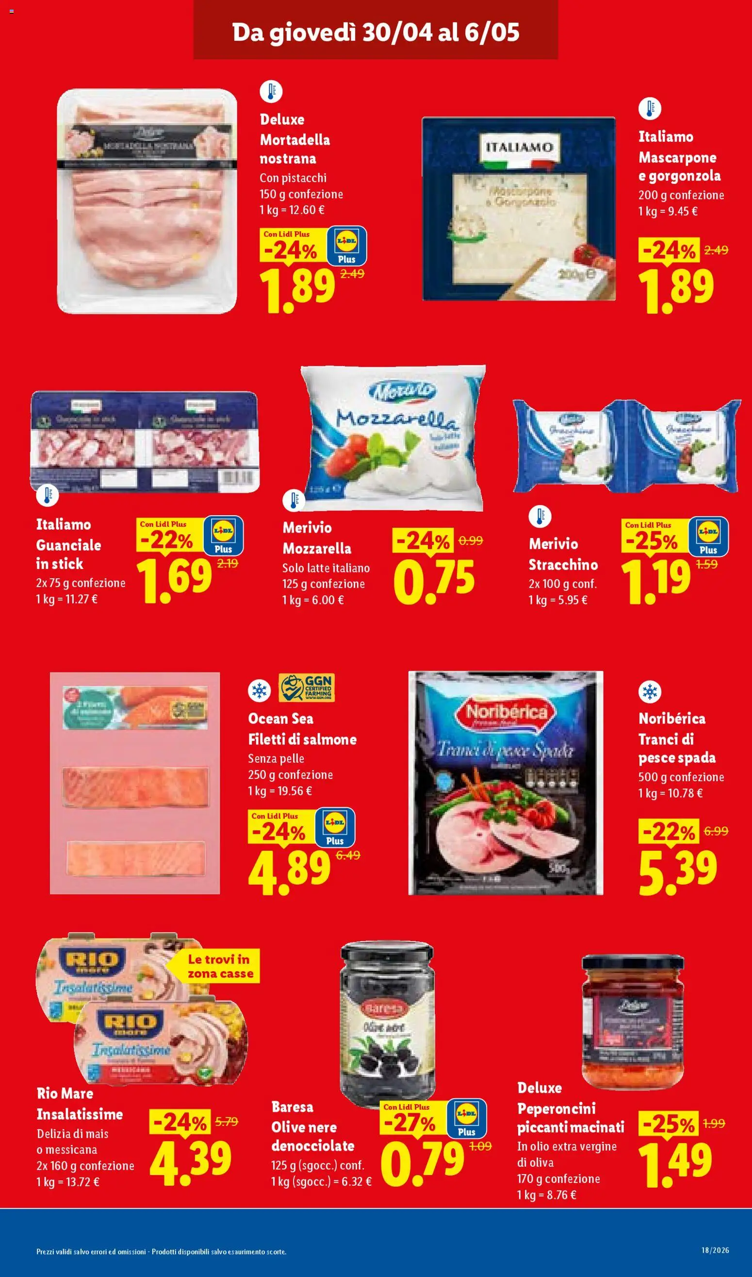Volantino Lidl del 30.04.2026 | Pagina: 13 | Prodotti: Mozzarella, Mortadella, Stracchino, Gorgonzola