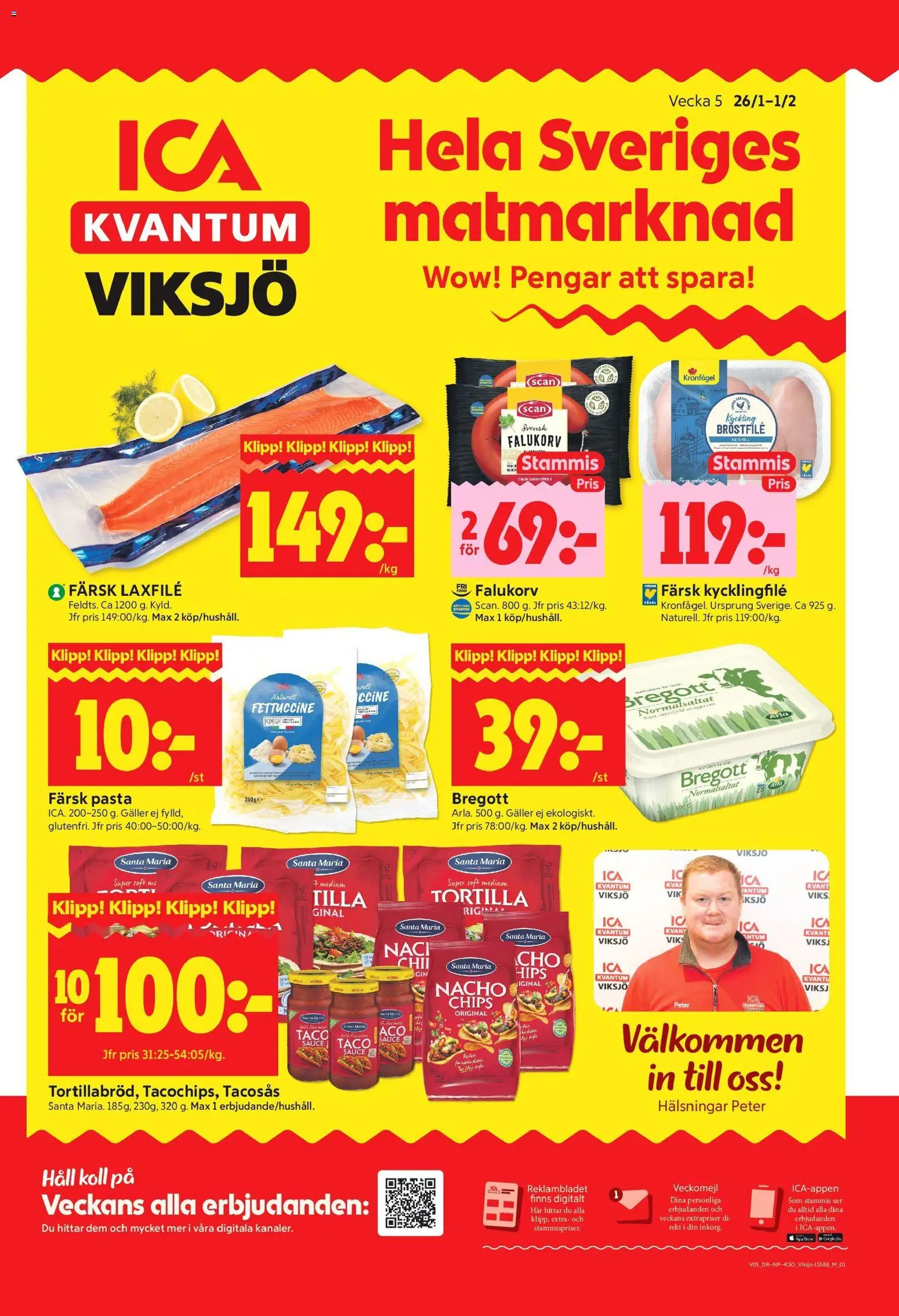 ICA Kvantum reklamblad aktuell från 26.01.2026 | Sida: 1 | Produkter: Kycklingfile, Falukorv, Bregott, Pasta