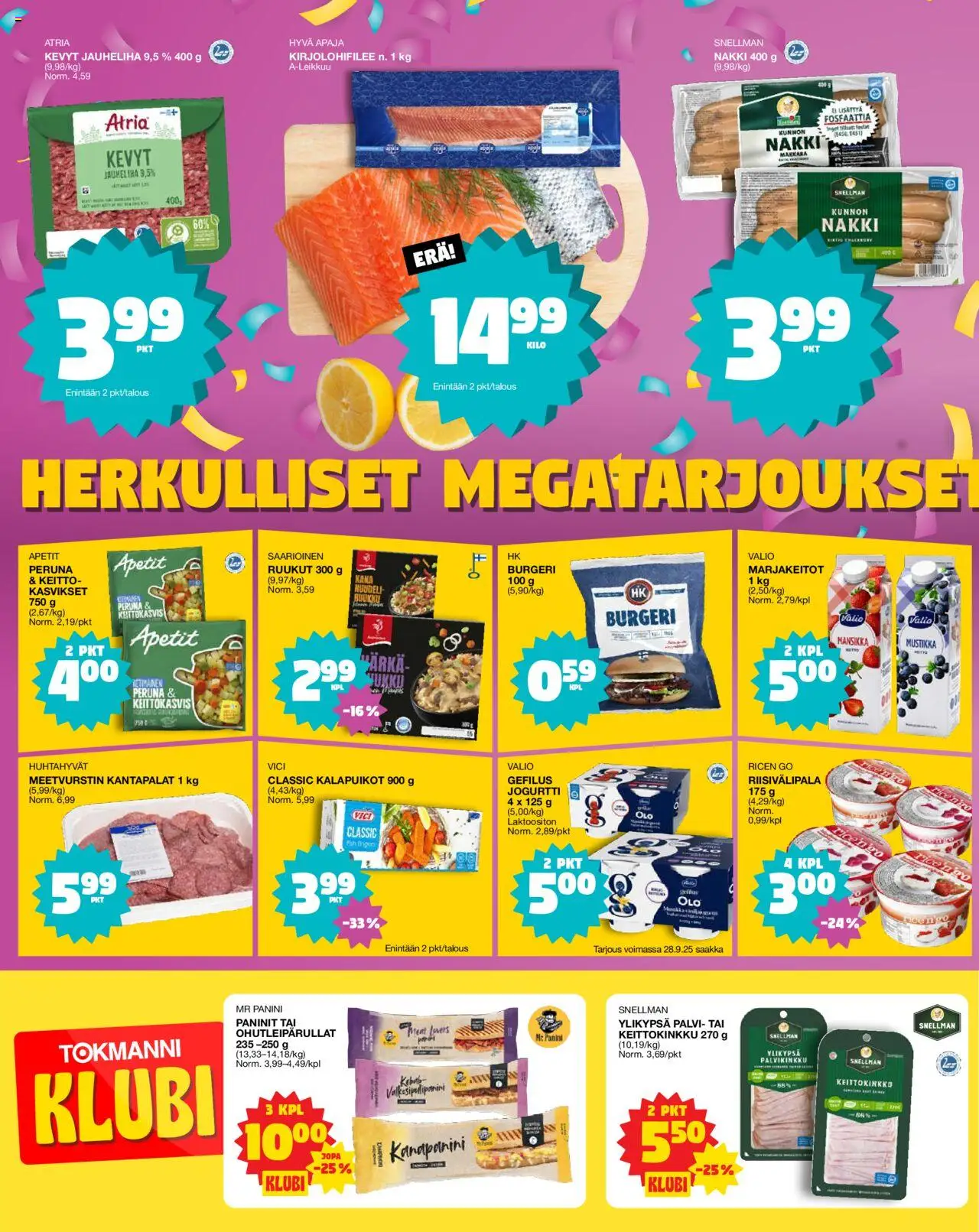 Tokmanni Ruokatarjoukset – voimassa 25.09.2025 alkaen | Sivu: 2 | Tuotteet: Jauheliha, Kalapuikot, Mustikka, Jogurtti