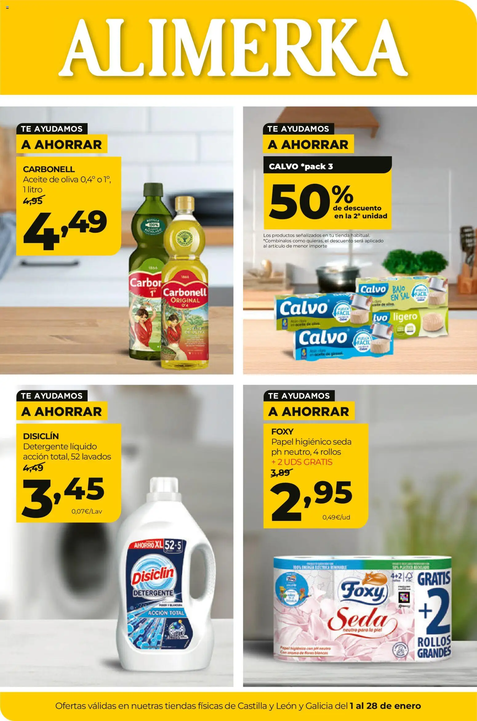 Alimerka folleto Castilla y León │ válido desde el 01.01.2026 | Página: 1 | Productos: Detergente, Papel higienico, Té, Aceite de oliva