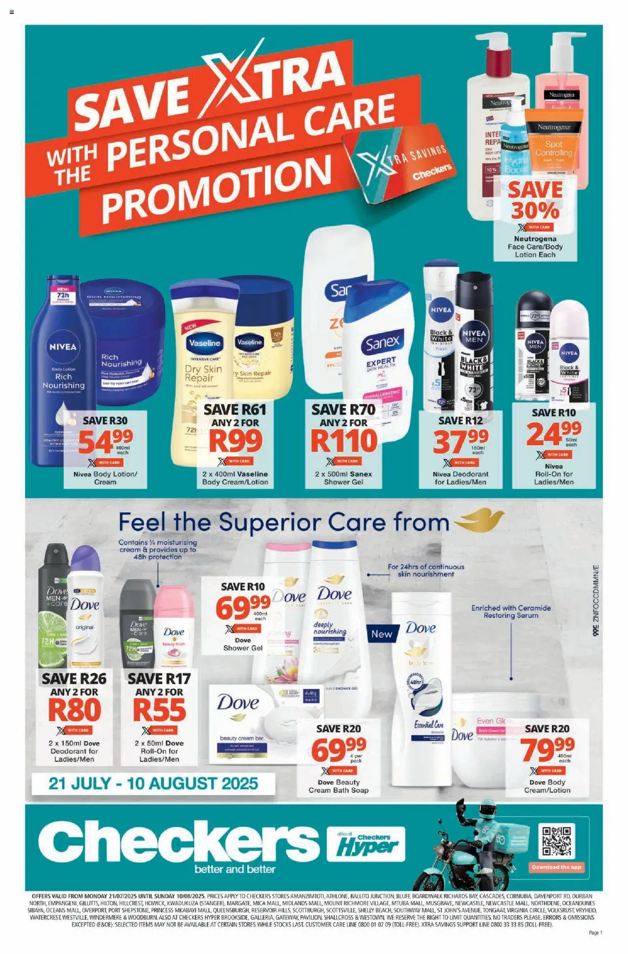 Checkers KwaZulu-Natal - Personal Care Promotion │ valid from 21.07.2025 | Page: 1 | Products: Body cream, Shower gel, Deodorant, Lotion