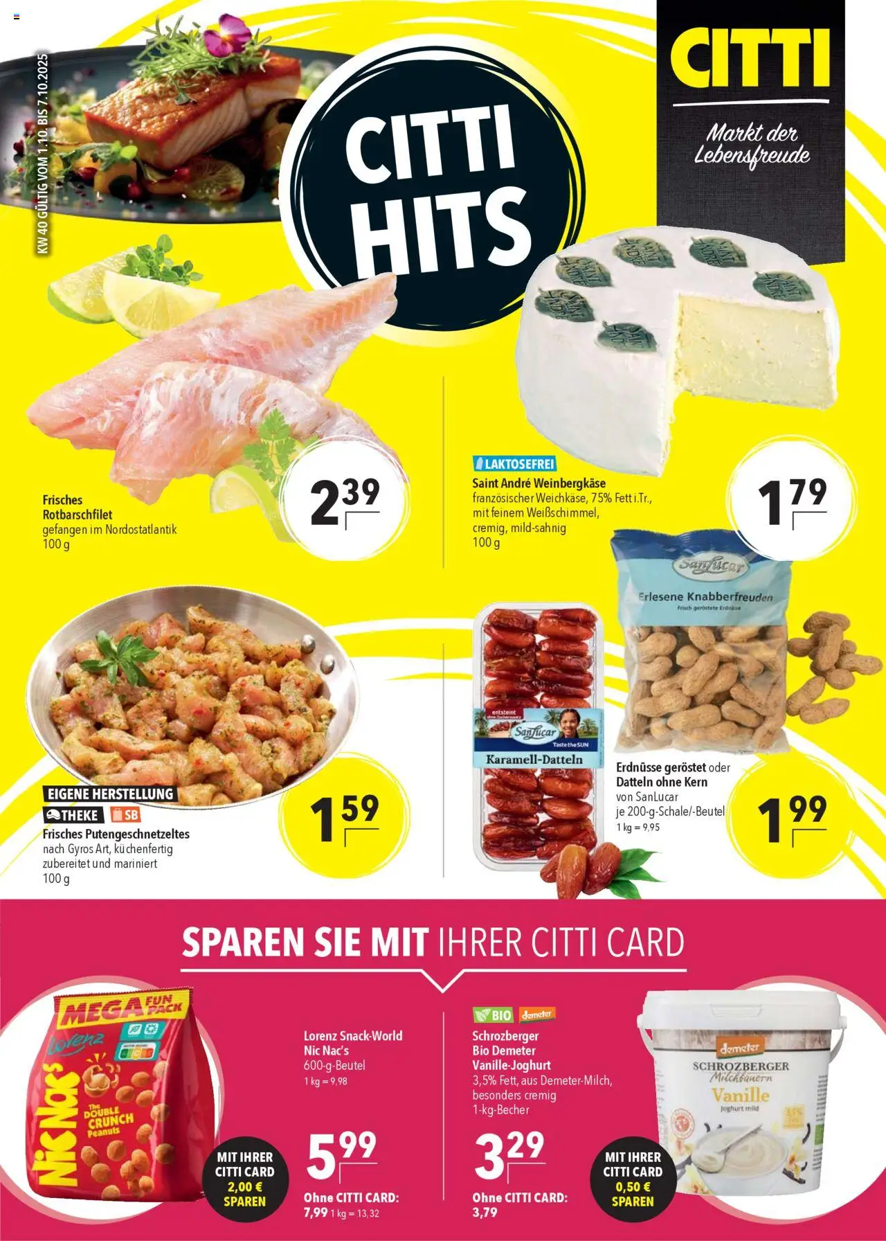 CITTI Markt Prospekt Citty Hits – gültig ab 01.10.2025 | Seite: 1 | Produkte: Erdnüsse, Joghurt, Theke, Gyros
