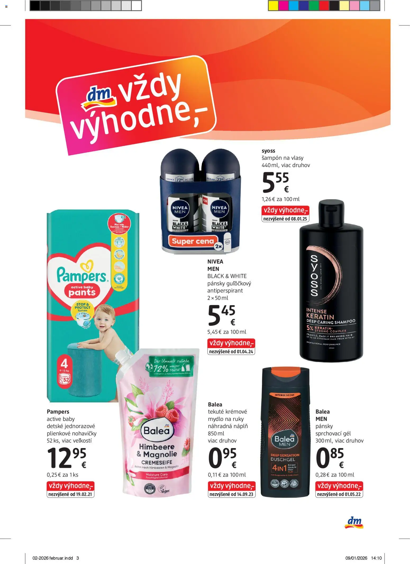 Nové dm drogerie akcie – leták je platný od 01.02.2026 | Strana: 3 | Produkty: Šampón, Mydlo, Antiperspirant, Nohavičky