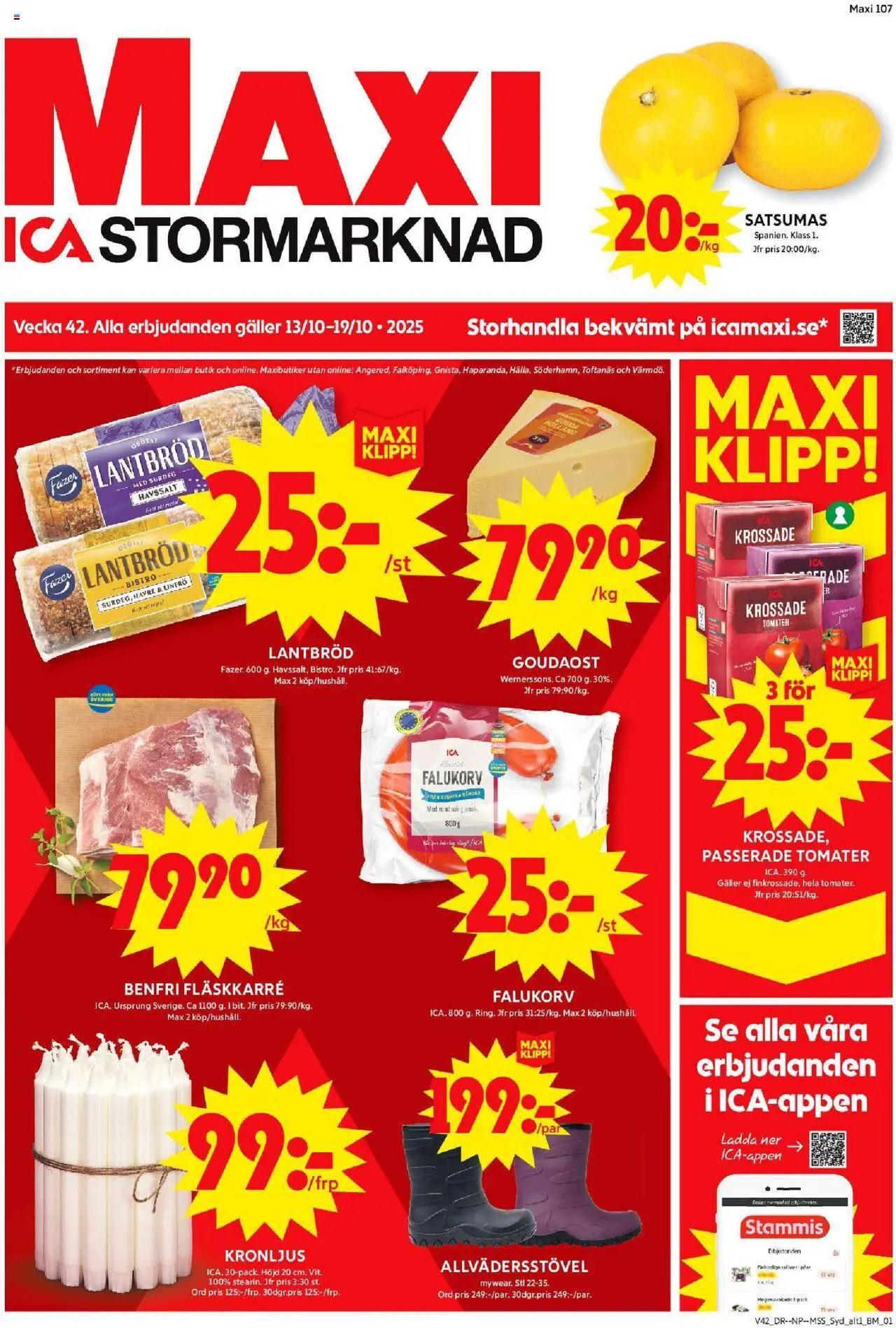 ICA Maxi reklamblad aktuell från 13.10.2025 | Sida: 1 | Produkter: Krossade tomater, Galler, Falukorv, Lantbröd