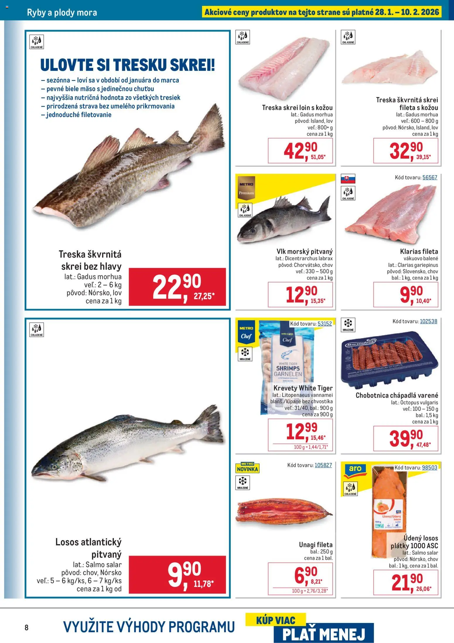 Nové Metro akcie – leták je platný od 28.01.2026 | Strana: 8 | Produkty: Krevety, Ryby, Losos, Treska