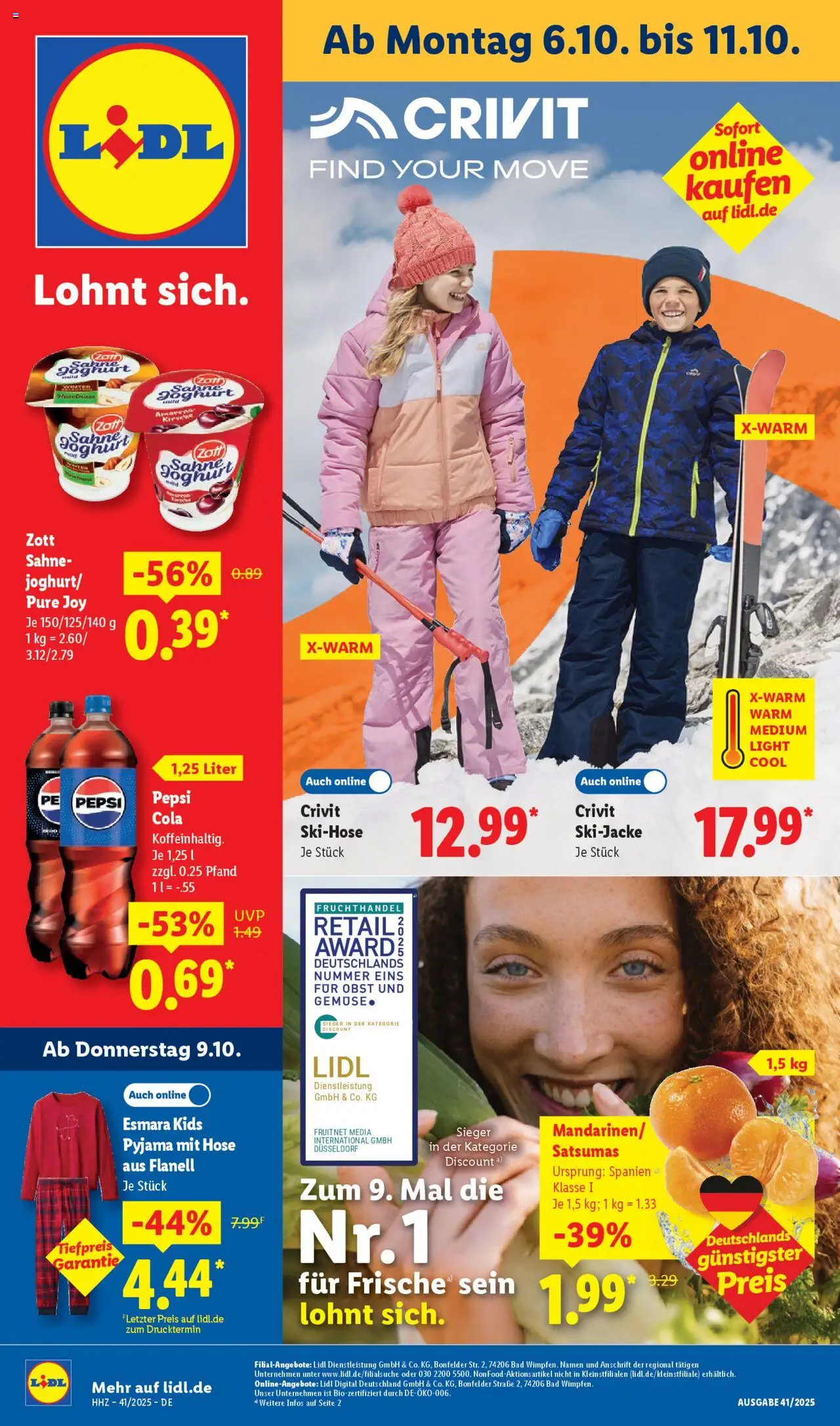 Lidl - Prospekt – gültig ab 06.10.2025 | Seite: 1 | Produkte: Cola, Obst, Pyjama, Sahne