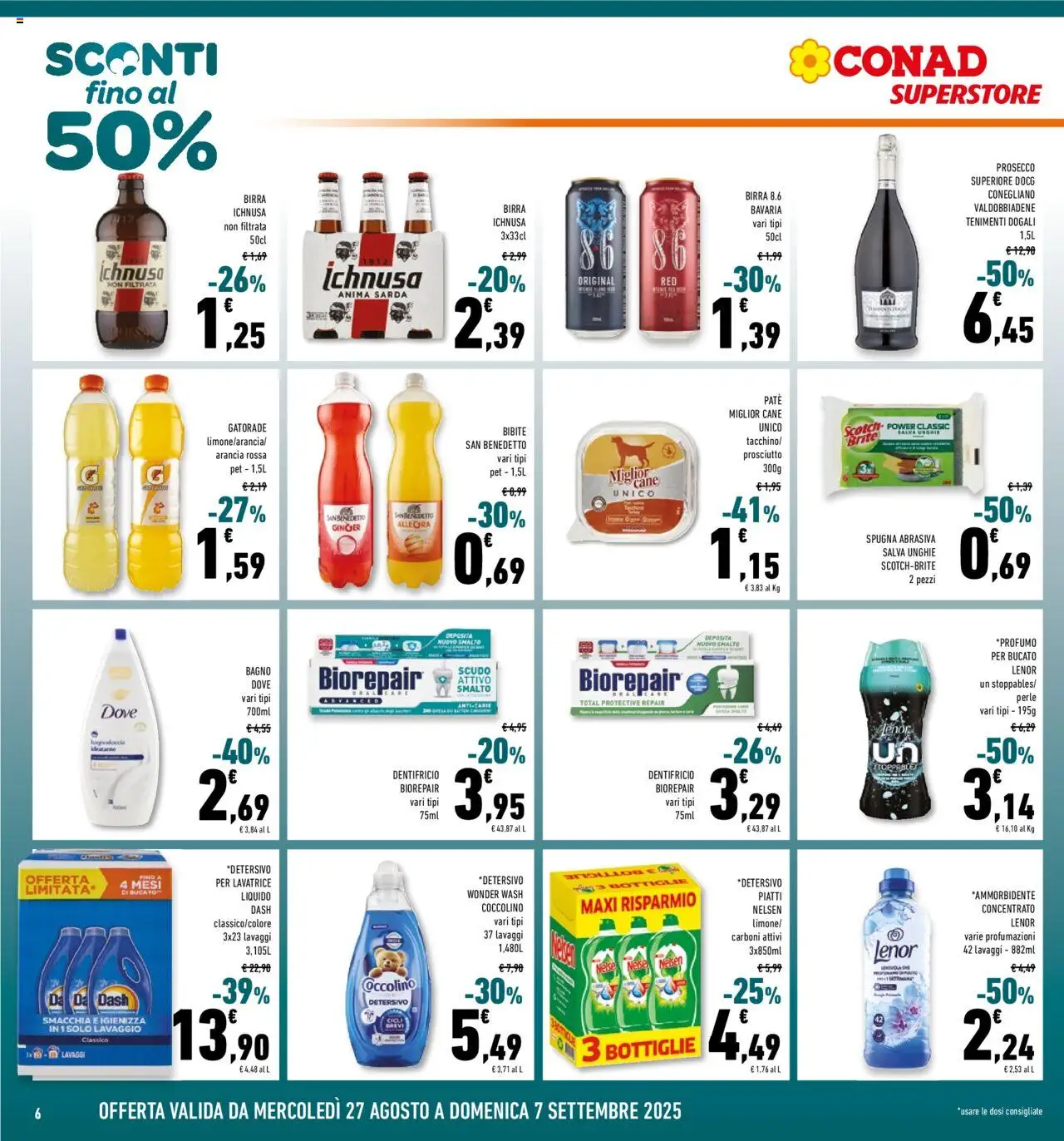 Volantino Conad del 27.08.2025 | Pagina: 6 | Prodotti: Spugna, Birra, Bibite, Arancia