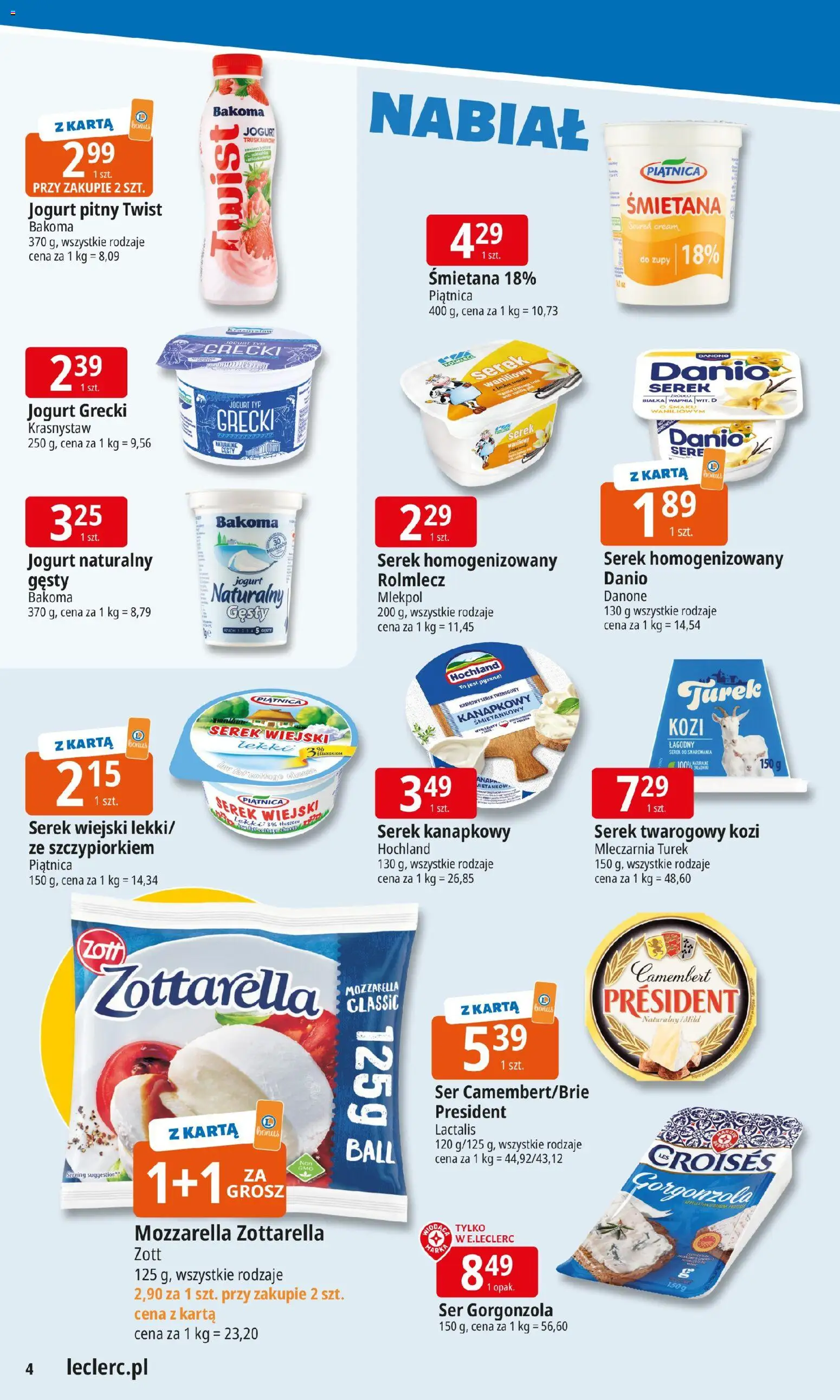 E.Leclerc Gazetka - Zielona Góra od 02.02.2026 | Strona: 4 | Produkty: Jogurt naturalny, Jogurt, Śmietana, Gorgonzola