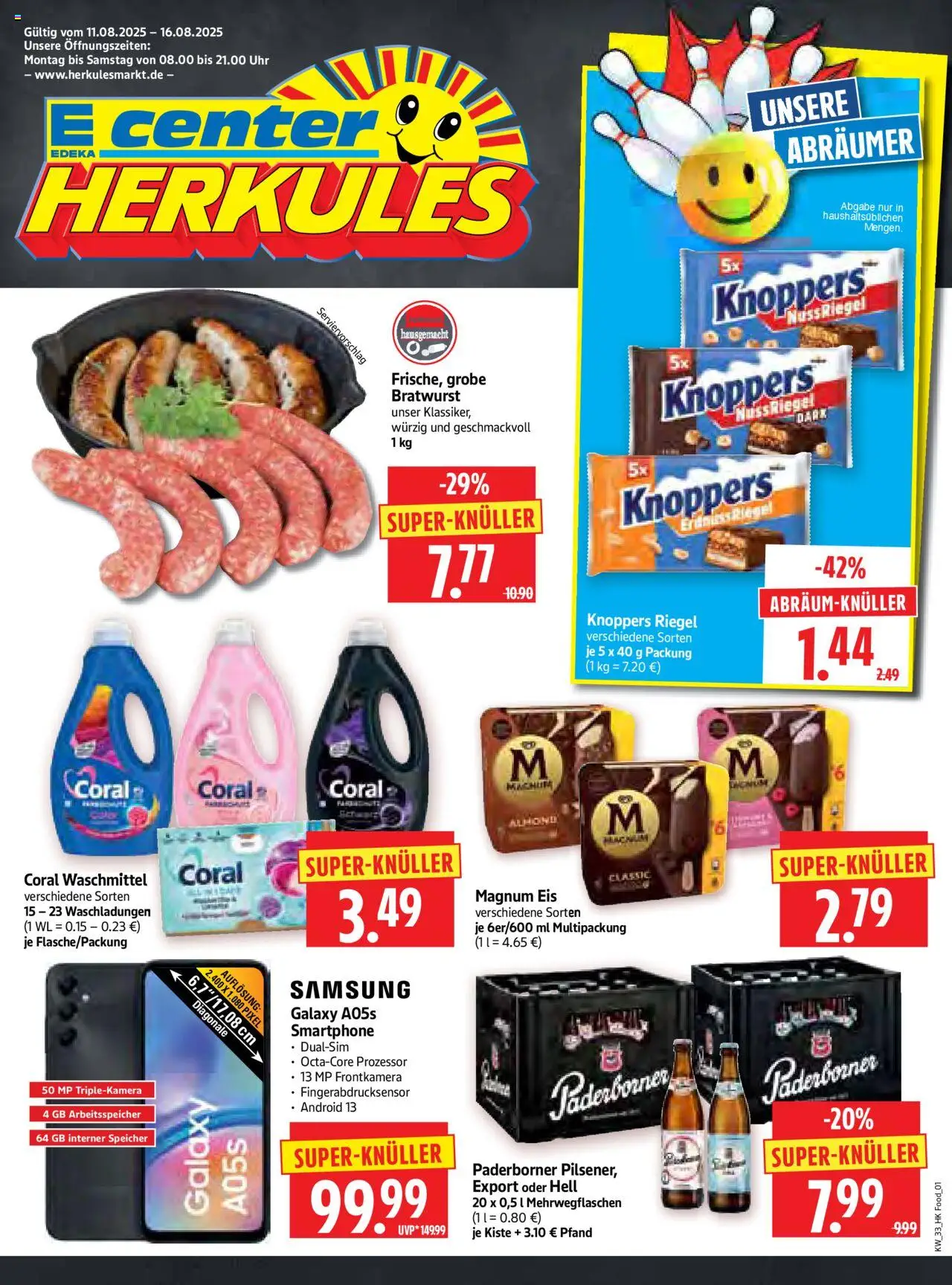 HERKULES Prospekt 	 - gültig ab dem 11.08.2025 | Seite: 1 | Produkte: Coral, Bratwurst, Coral waschmittel, Smartphone