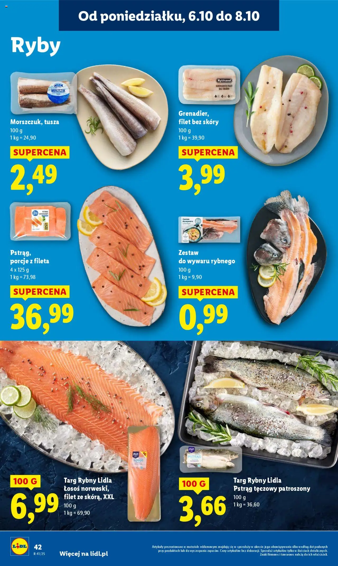 Lidl Gazetka od 06.10.2025 | Strona: 42 | Produkty: Pstrąg tęczowy, Łosoś, Morszczuk, Ryby