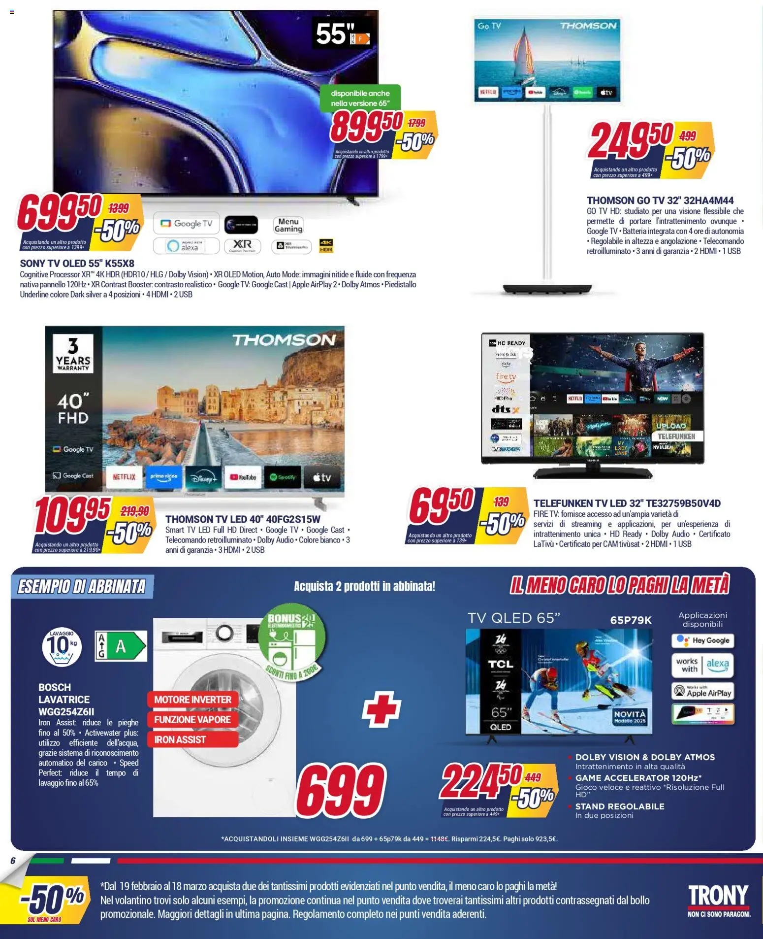 Volantino Trony del 19.02.2026 | Pagina: 6 | Prodotti: smart TV, Lavatrice, TV, Audio