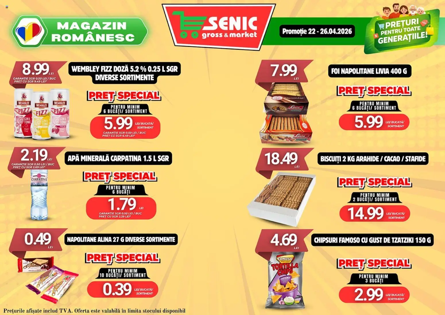 Noul catalog Senic – valabil de la 20.04.2026 | Pagină: 6 | Produse: Gin, Biscuiți, Stafide, Apă