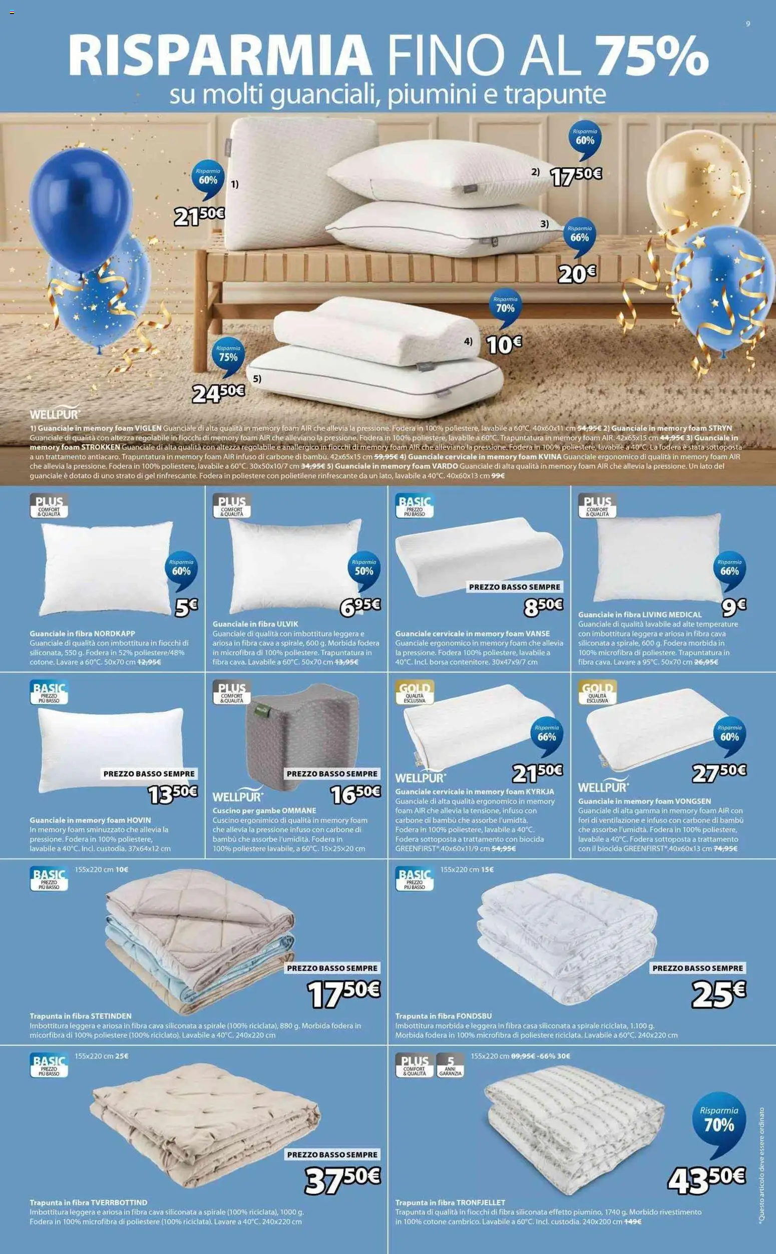 Volantino JYSK del 24.04.2026 | Pagina: 9 | Prodotti: Fiocchi, Borsa, Cuscino, Guanciale