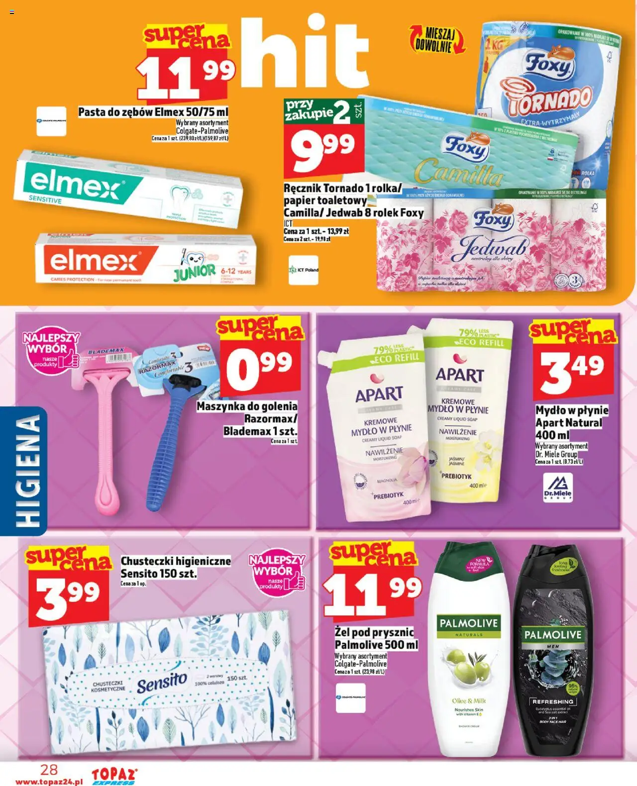 Topaz Gazetka - Express od 23.10.2025 | Strona: 28 | Produkty: Papier toaletowy, Mydło w płynie, Żel pod prysznic, Pasta do zębów