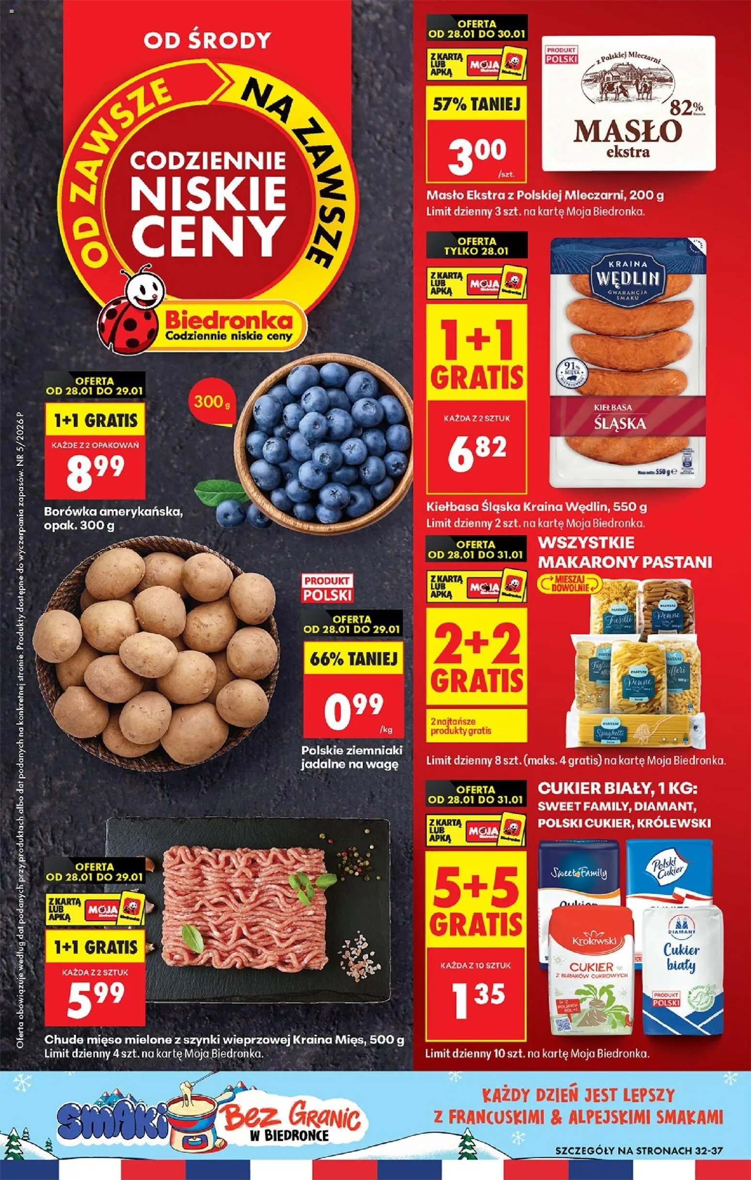 Biedronka gazetka - Oferta w tym tygodniu od 28.01.2026 | Strona: 1 | Produkty: Kiełbasa, Kraina mięs, Penne, Cukier biały