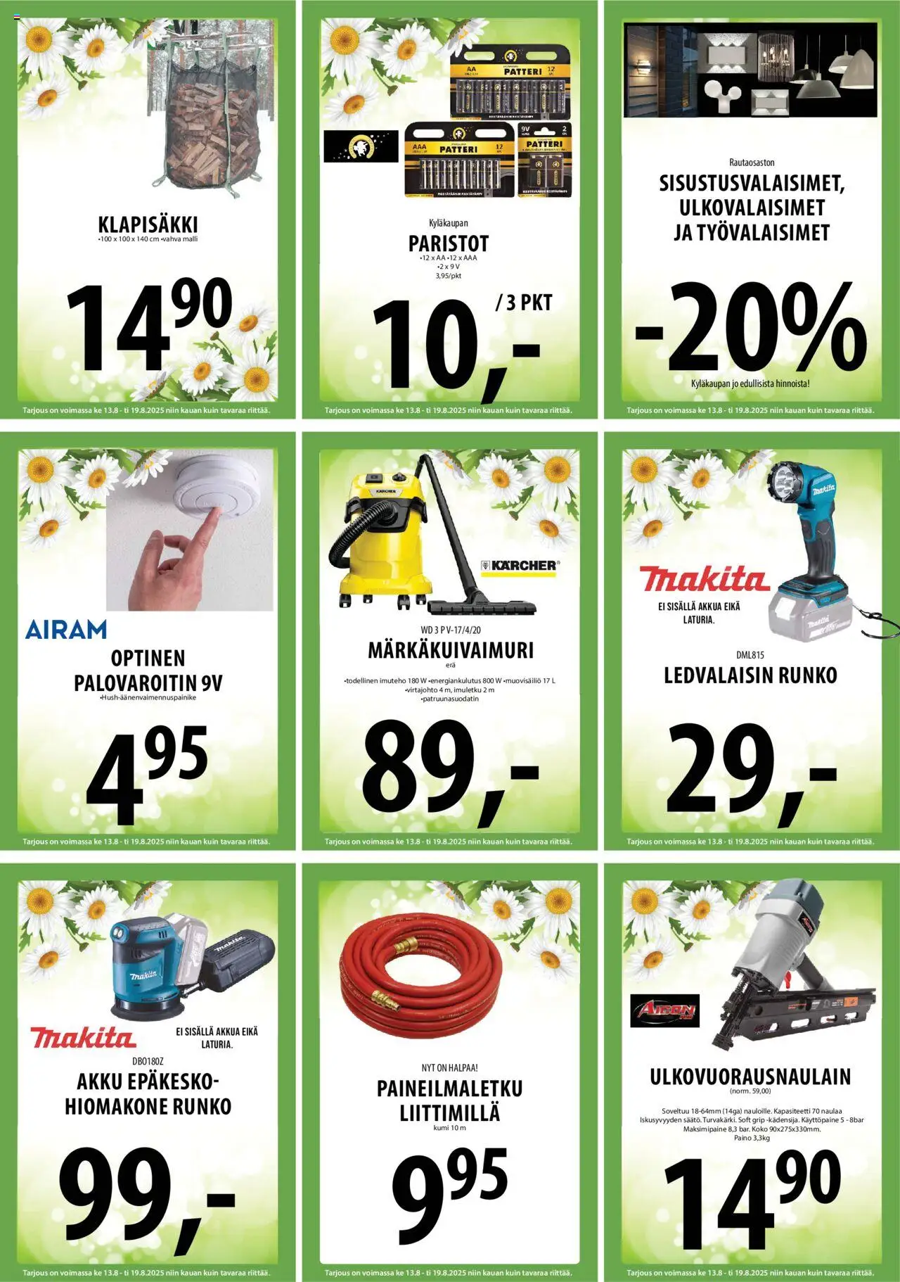  | Sivu: 19 | Tuotteet: Hiomakone, Palovaroitin, Patteri, Paristot