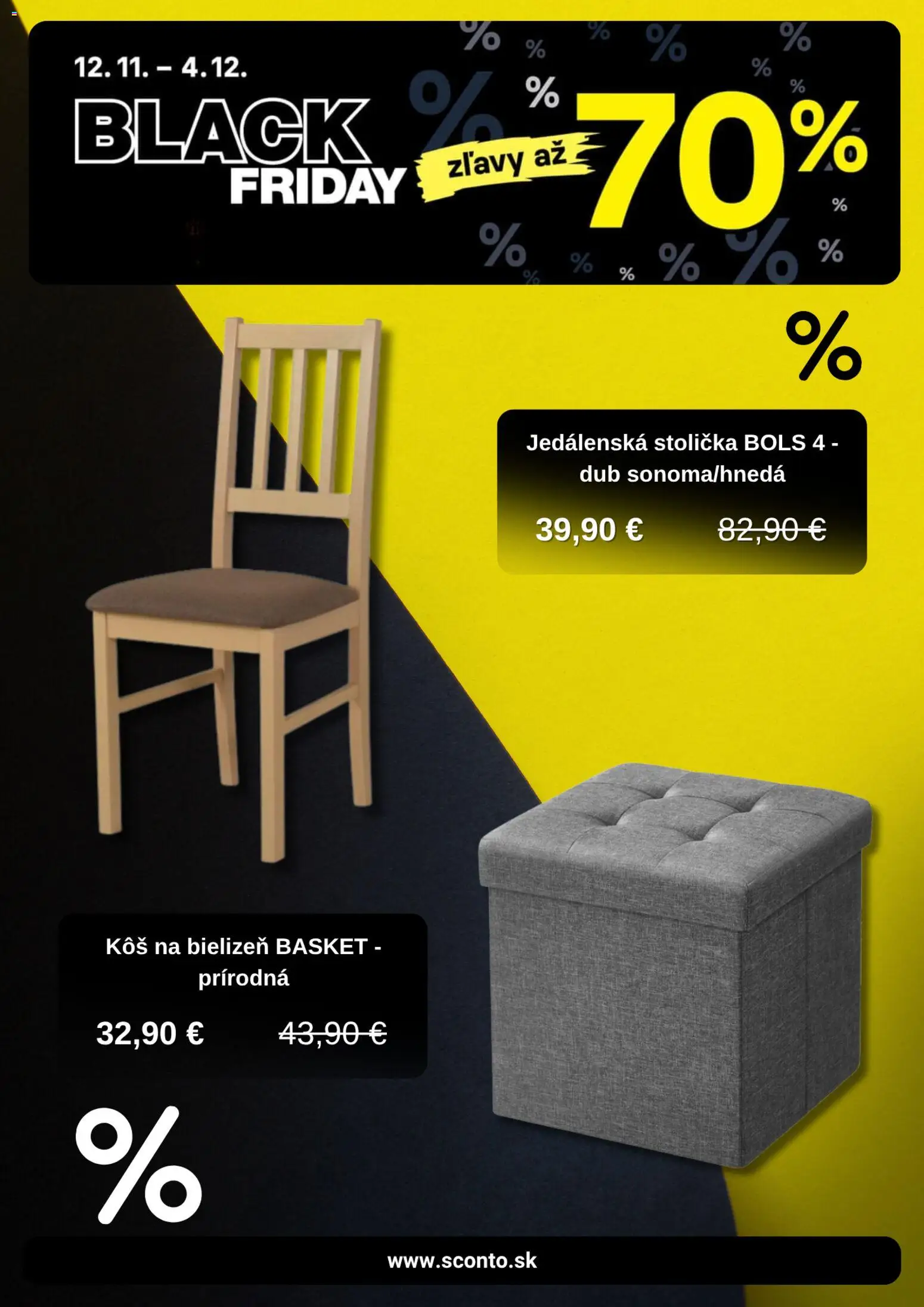 Nové Sconto nábytok akcie – leták je platný od 12.11.2025 | Strana: 3 | Produkty: Jedálenská stolička, Kôš na bielizeň, Stolička