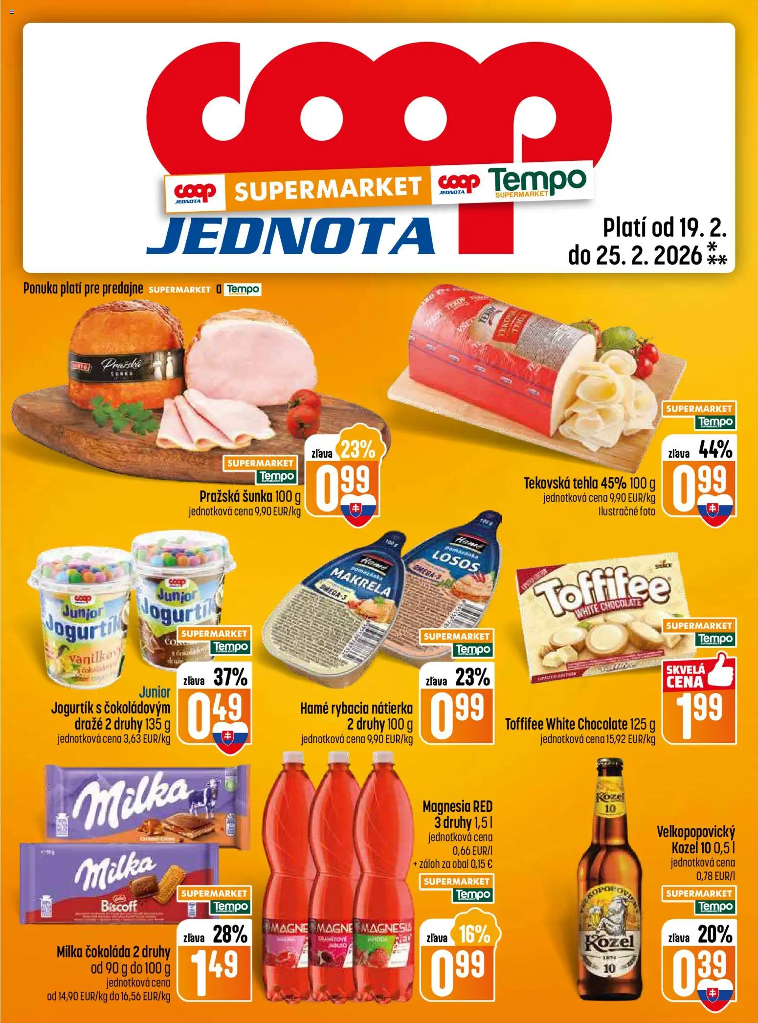 Nové COOP Jednota akcie – leták je platný od 19.02.2026 | Strana: 13 | Produkty: Jogurt, Čokoláda, Losos, Milka