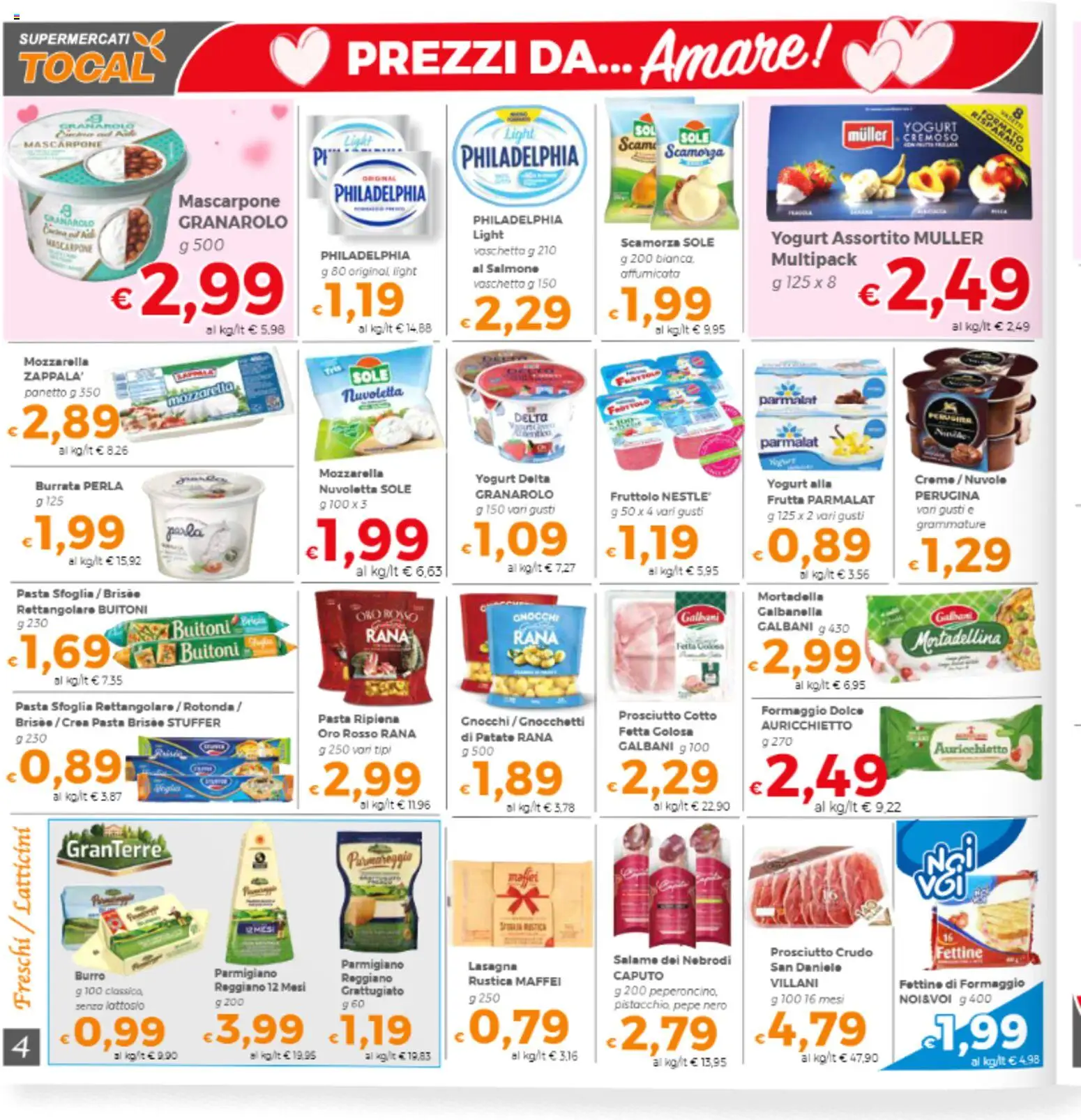 Volantino Tocal del 13.02.2026 | Pagina: 4 | Prodotti: Prosciutto Crudo, Yogurt, Frutta, Parmigiano