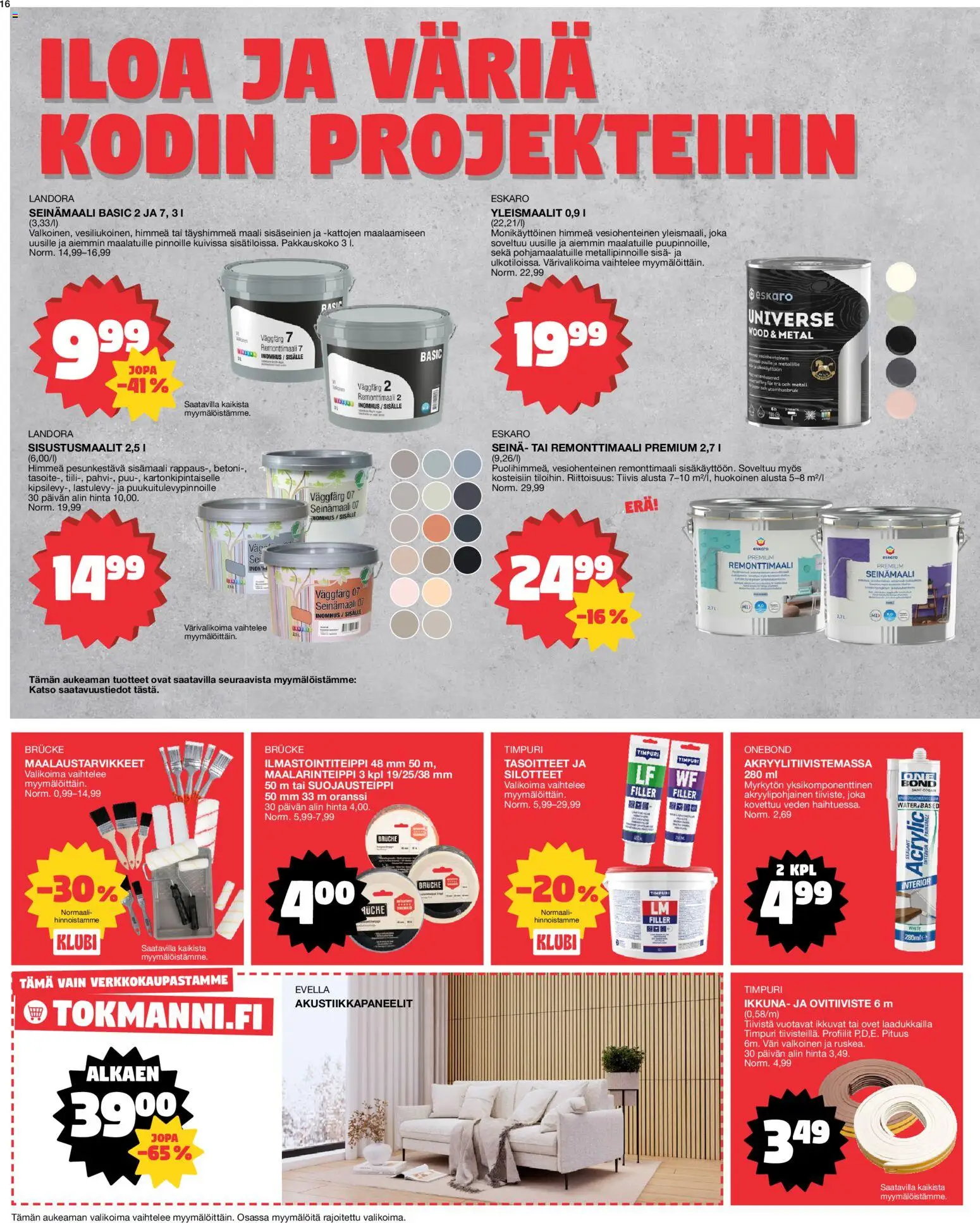 Tokmanni tarjoukset – voimassa 16.02.2026 alkaen | Sivu: 16 | Tuotteet: Ilmastointiteippi, Maalarinteippi, Maali