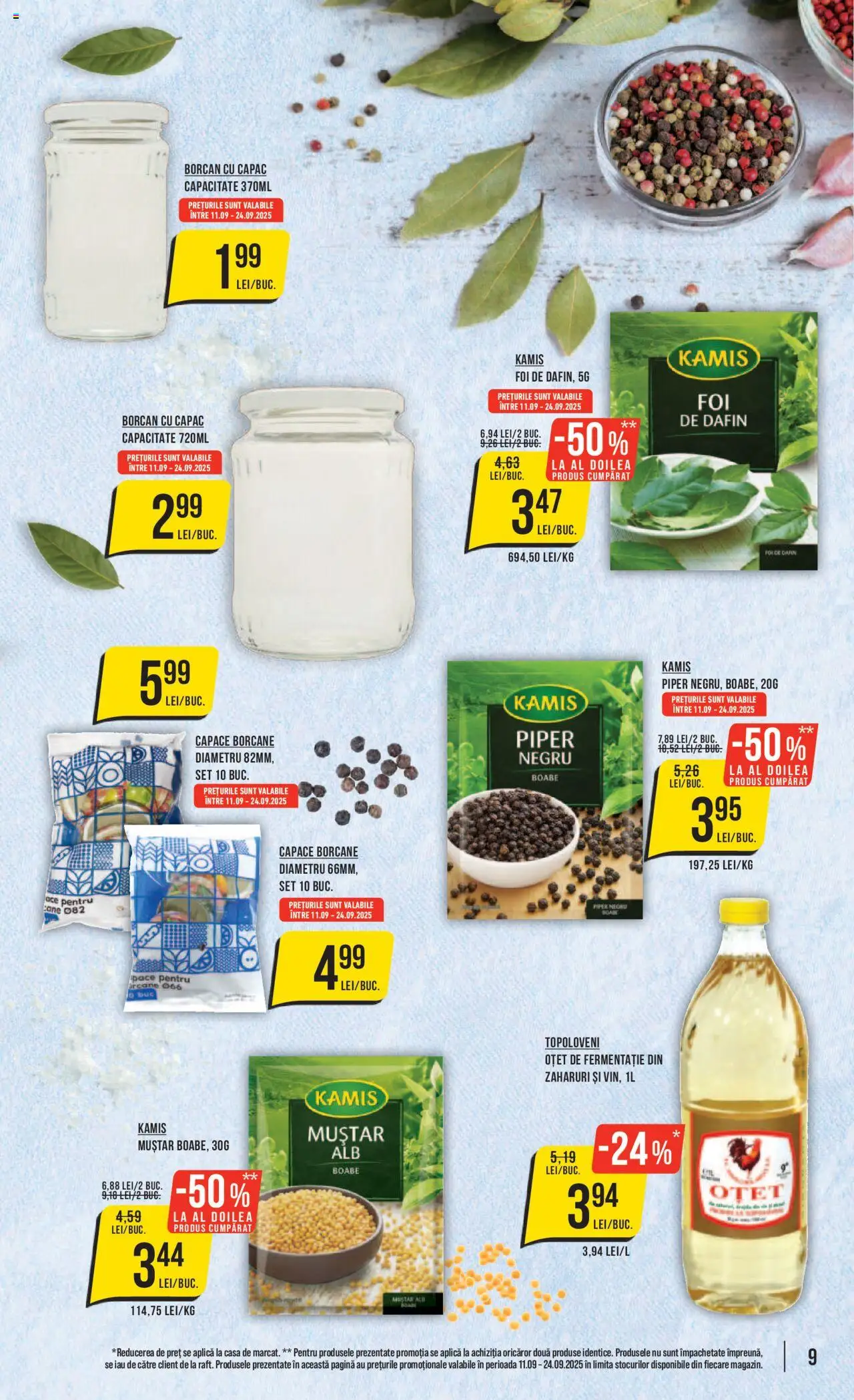 Noul catalog Mega Image – valabil de la 11.09.2025 | Pagină: 9 | Produse: Borcan, Oțet, Muștar, Piper