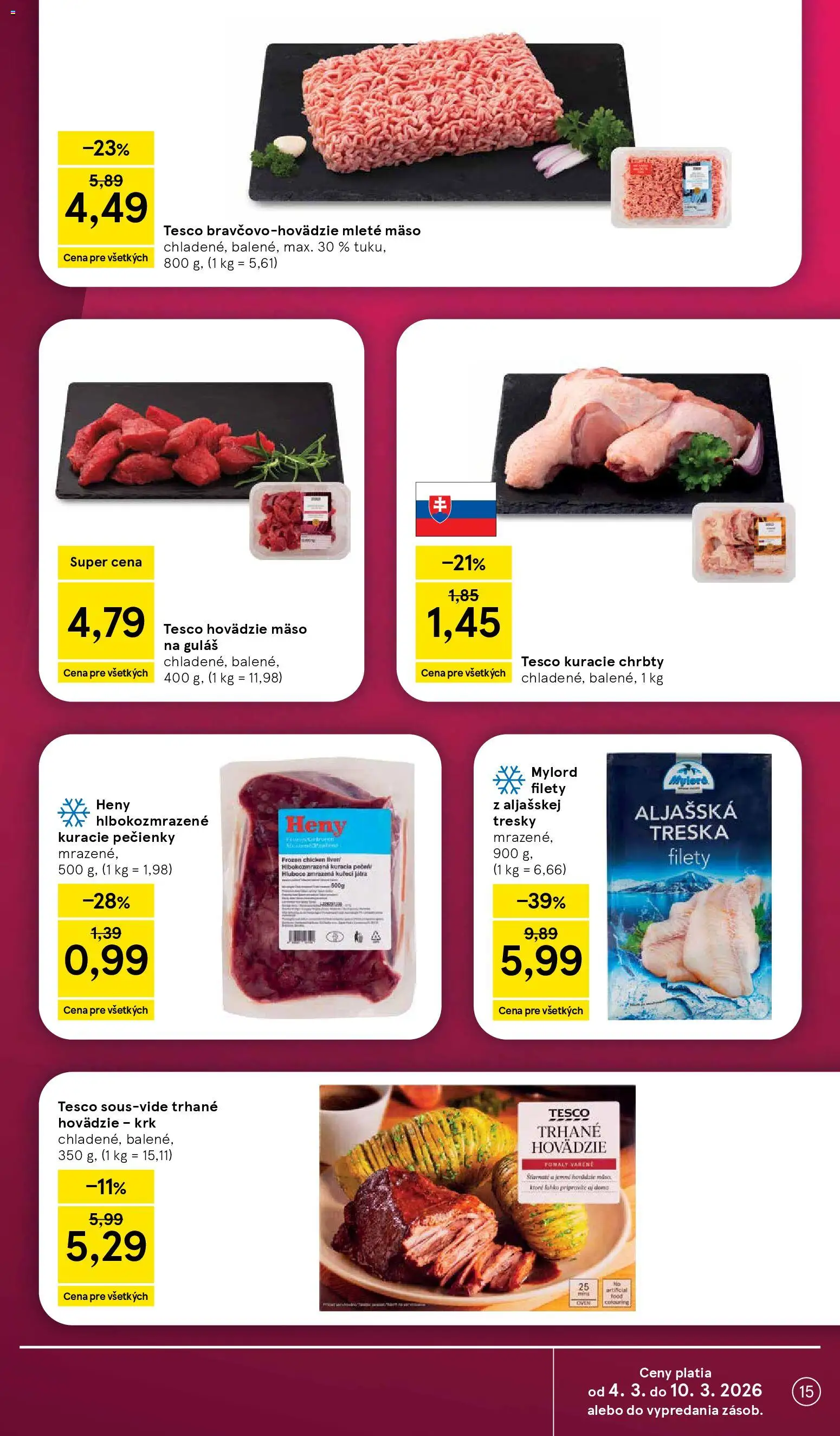 Nové Tesco akcie – leták je platný od 04.03.2026 | Strana: 15 | Produkty: Hovädzie mäso, Mleté mäso, Treska