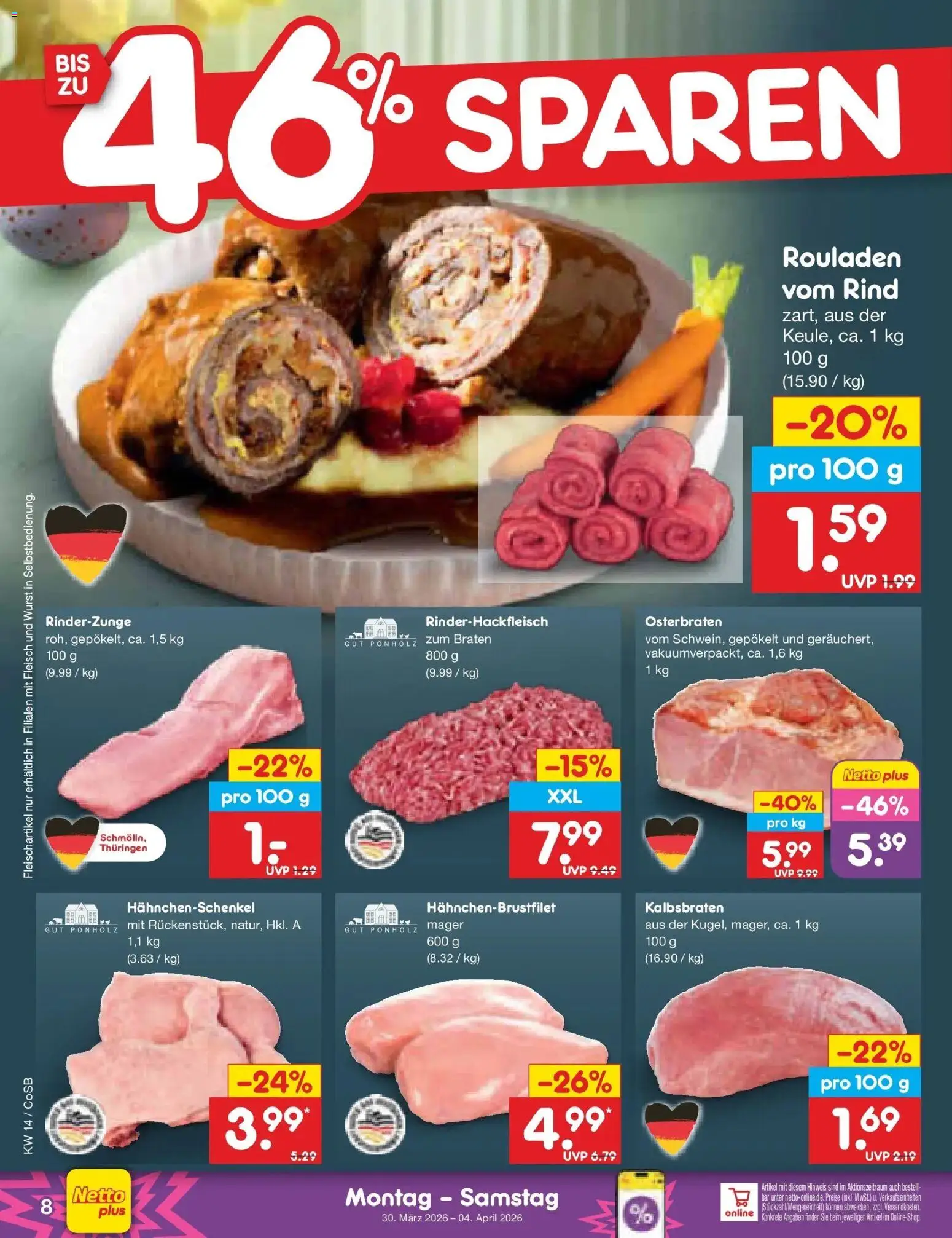 Netto Marken-Discount Prospekt Bitterfeld-Wolfen	 – gültig ab 29.03.2026 | Seite: 8 | Produkte: Hahnchenschenkel, Wurst, Fleisch
