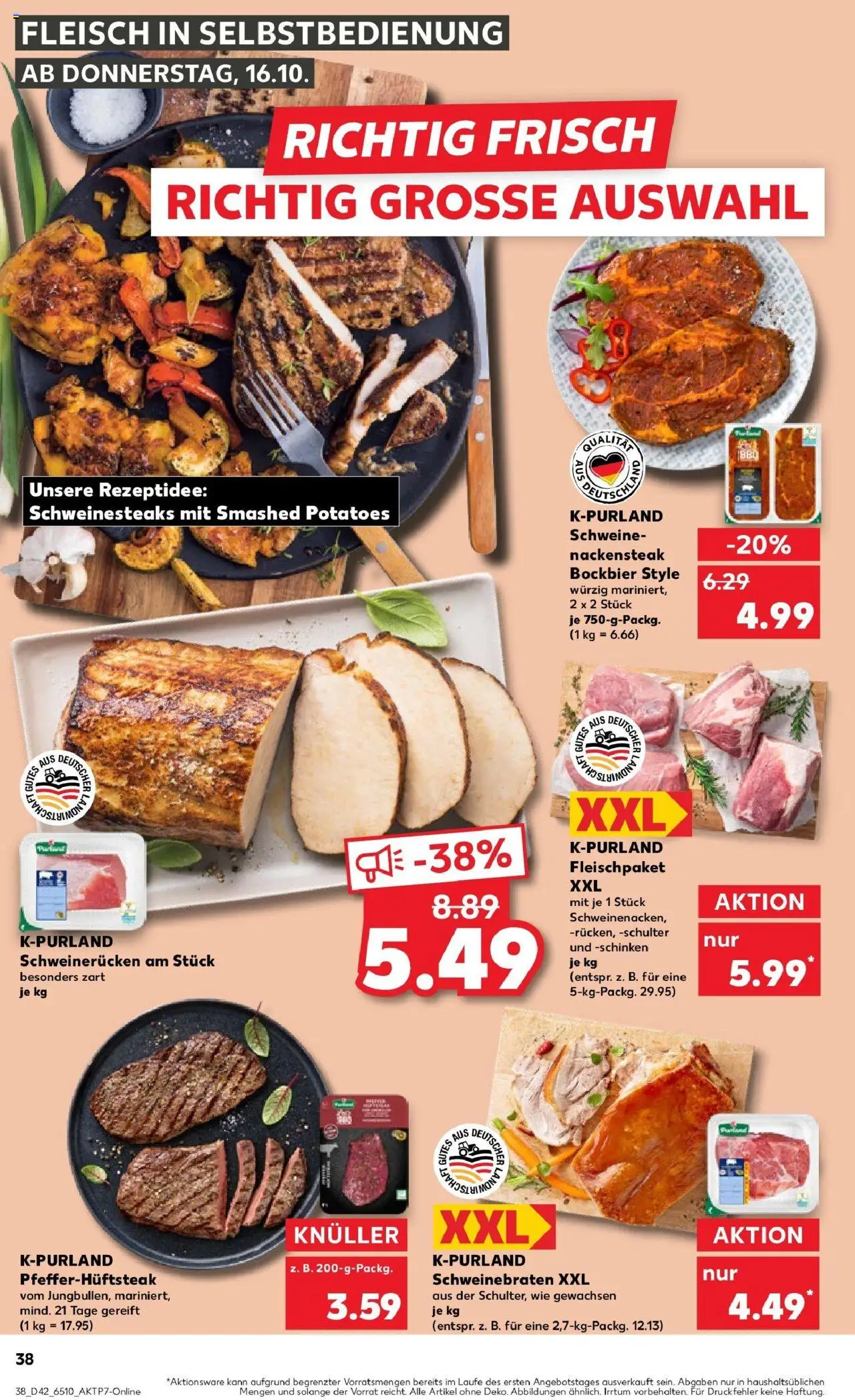 Kaufland prospekt Bocholt	 – gültig ab 19.10.2025 | Seite: 38 | Produkte: Schweinerucken, Schinken, Steak, Fleisch
