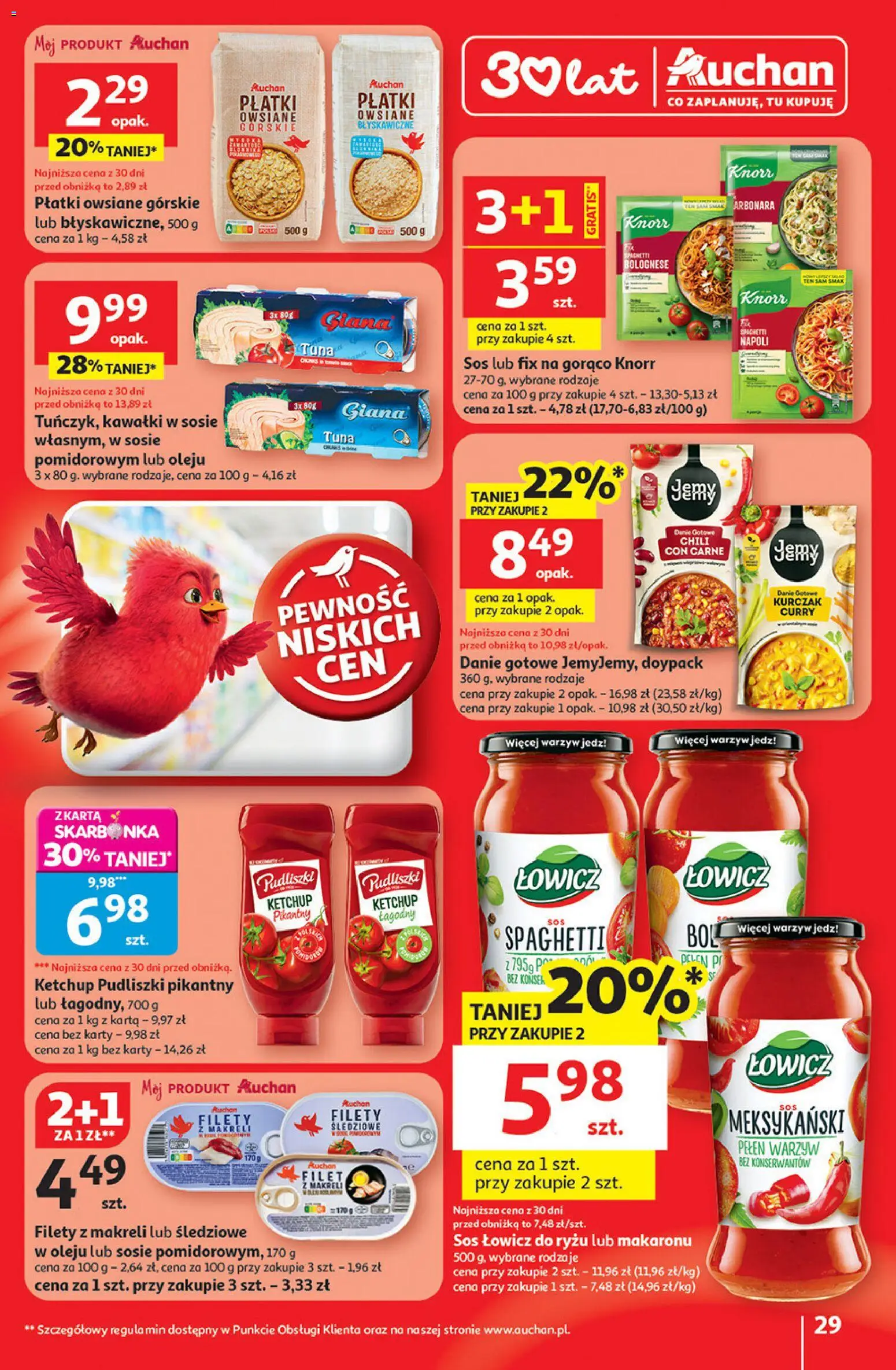 Auchan Gazetka - 30 Lat Hipermarket od 08.01.2026 | Strona: 29 | Produkty: Carbonara, Kurczak, Ketchup, Płatki